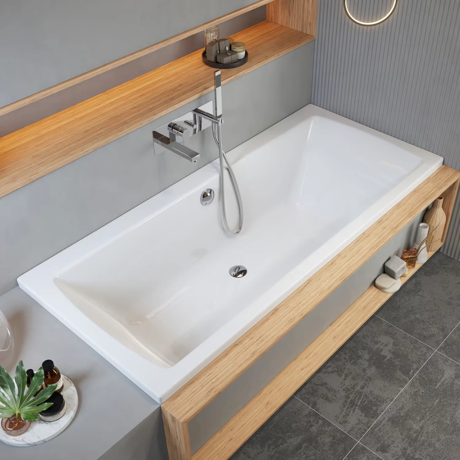 pianura Gina Duo-Badewanne mit grauer Verkleidung und Holzakzenten
