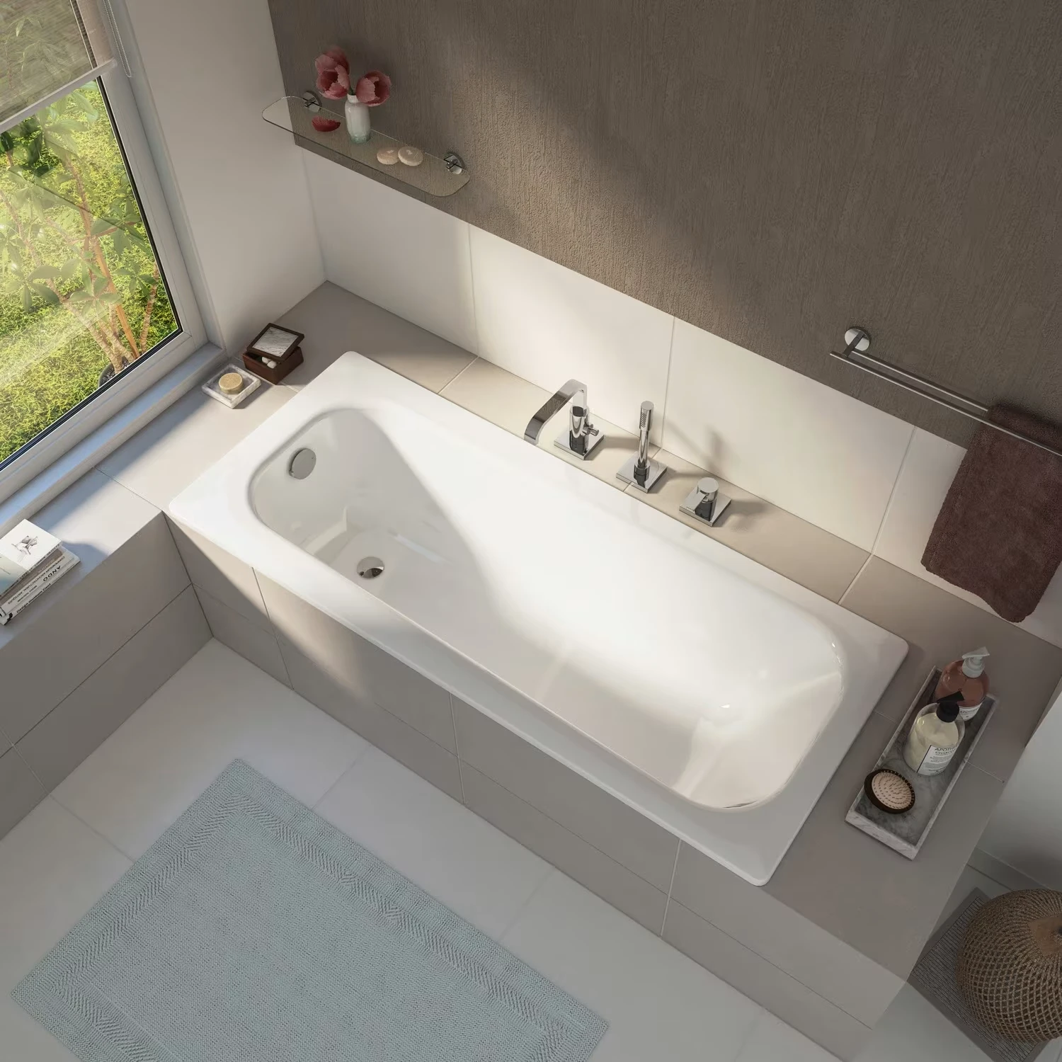 Steel Körperform-Einbaubadewanne mit grauer Fliesenverkleidung