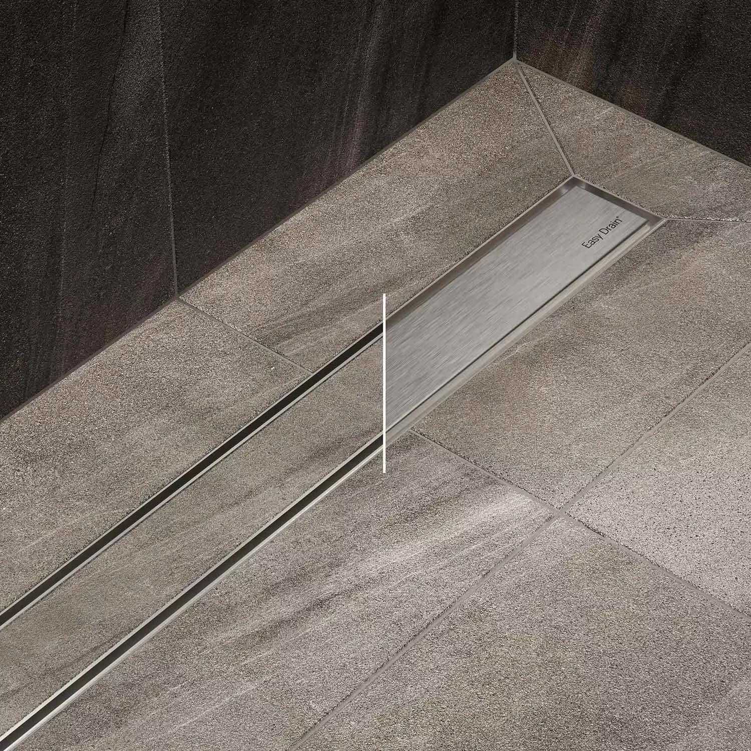Sturotec Duschrinne 90 cm, Komplettset mit Designabdeckung in einer grau gefliesten Dusche