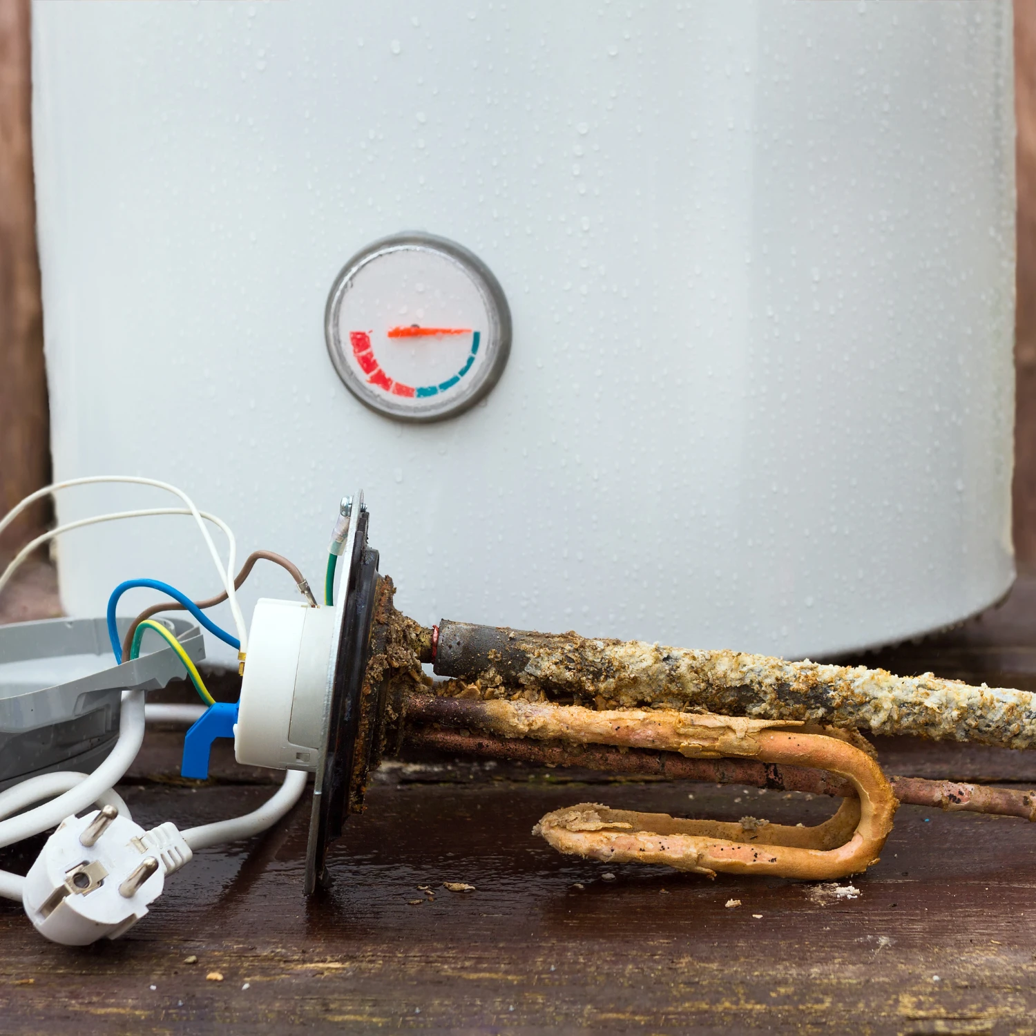 Ausgebautes Heizelement, um den Boiler zu entkalken