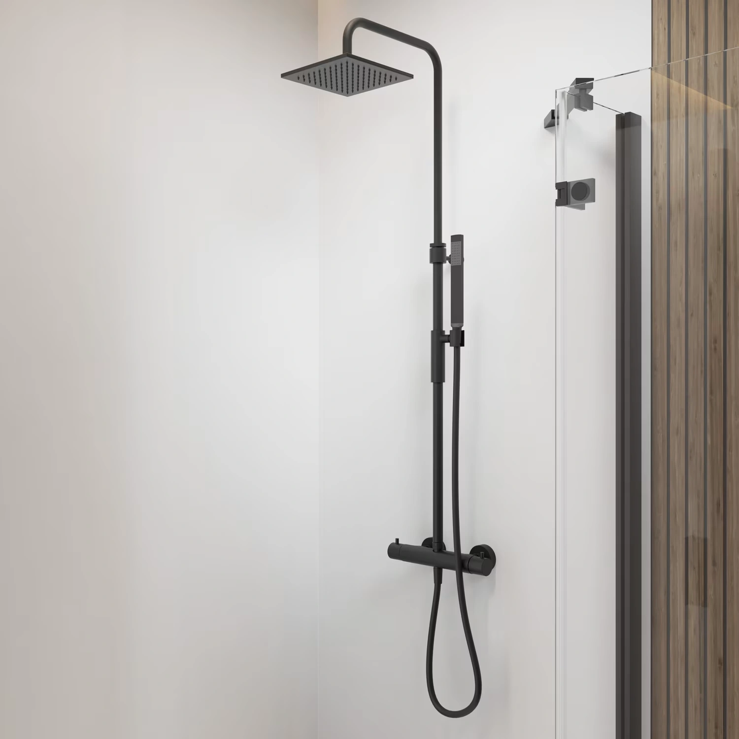 pianura Giulia Duschsystem Aufputz mit Thermostat und Kopfbrause in einem minimalistischen, fliesenlosen Bad