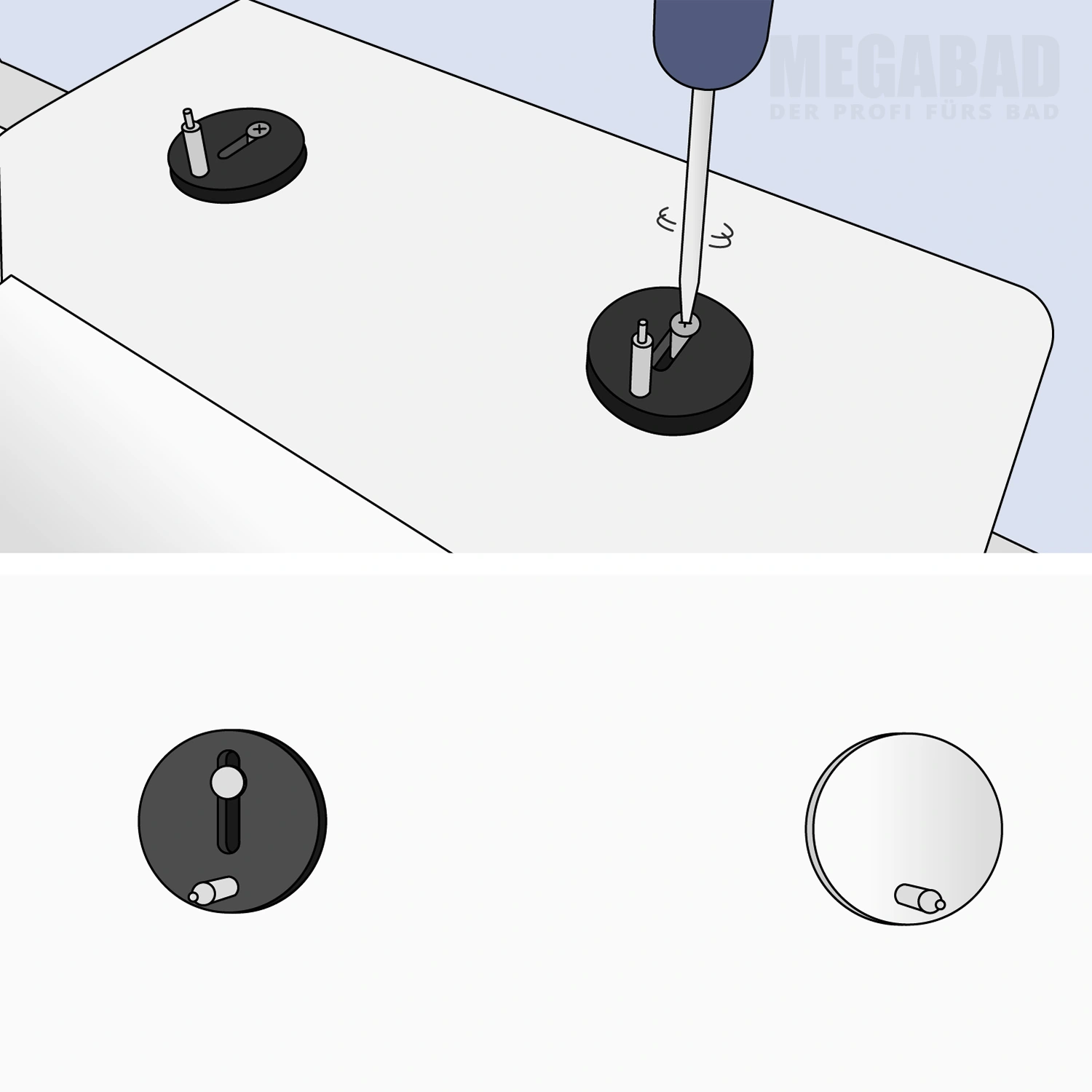 Wenn die Position richtig gewählt wurde, WC-Sitz wieder abnehmen und Schrauben komplett fest anziehen, im Anschluss WC-Sitz endgültig einrasten und Schutzkappen aufsetzen