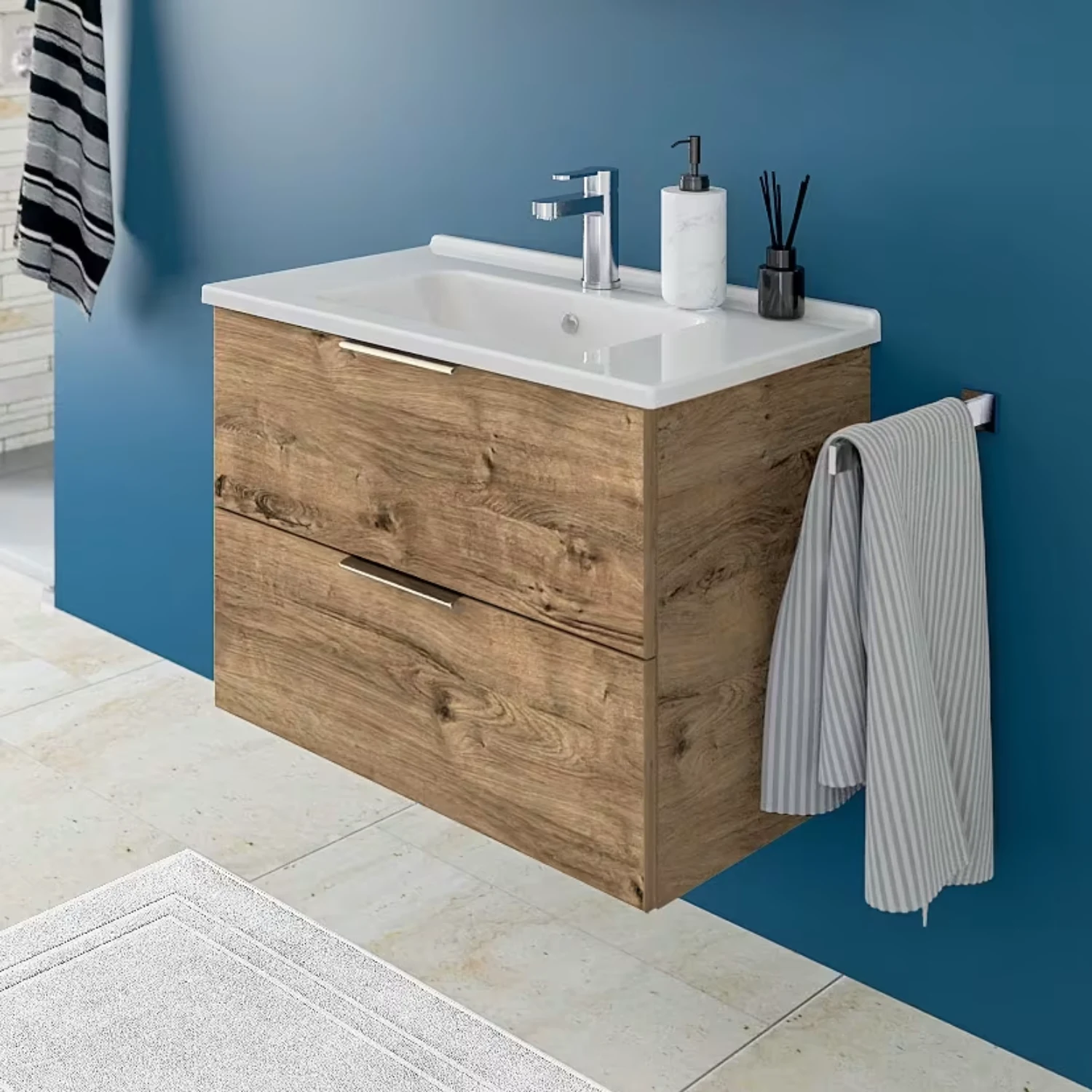 Steinkamp Living 2.0 Waschtisch in Eiche und einem Petrol-Bad