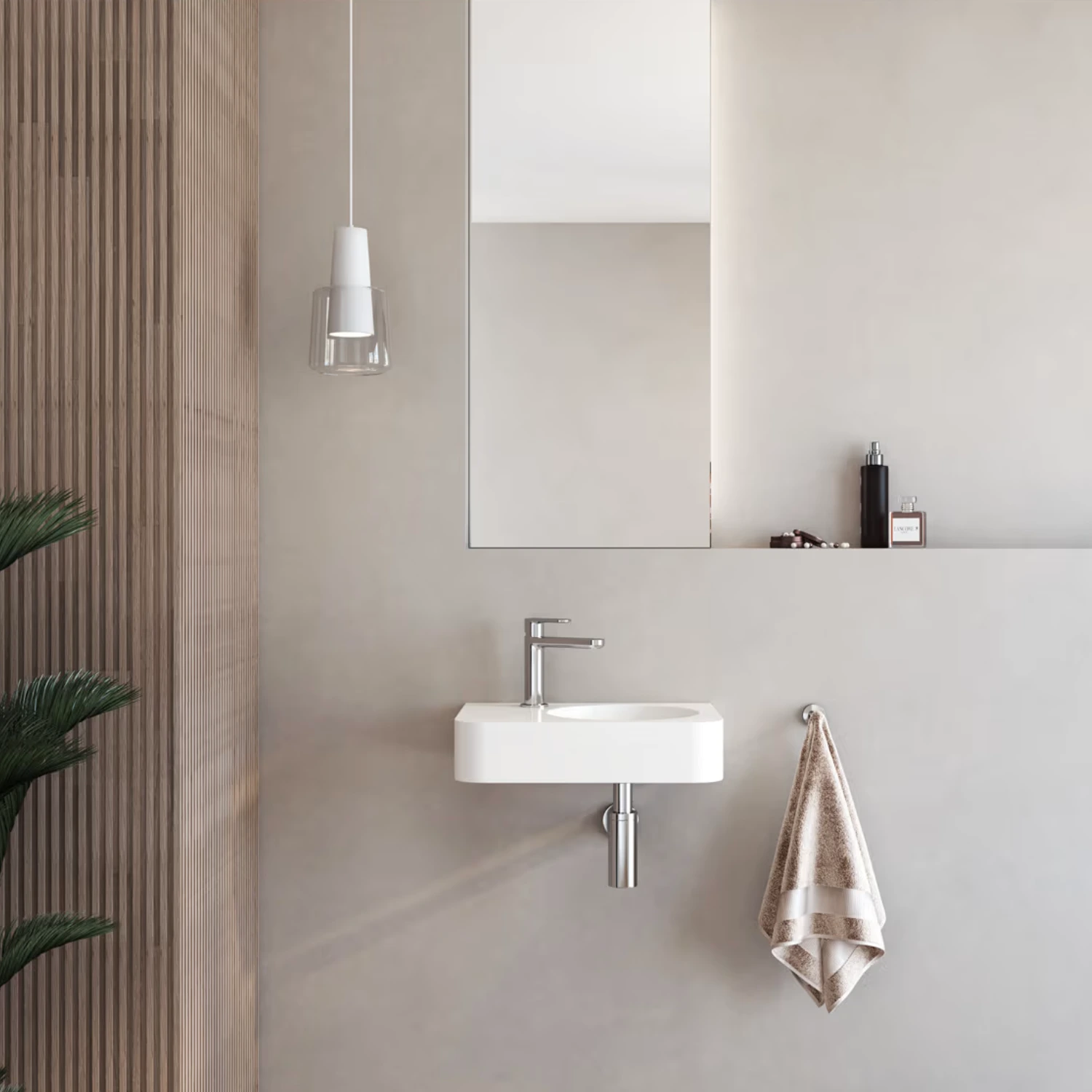 Kronenbach Stone Handwaschbecken in einem modernen Badezimmer in Taupe