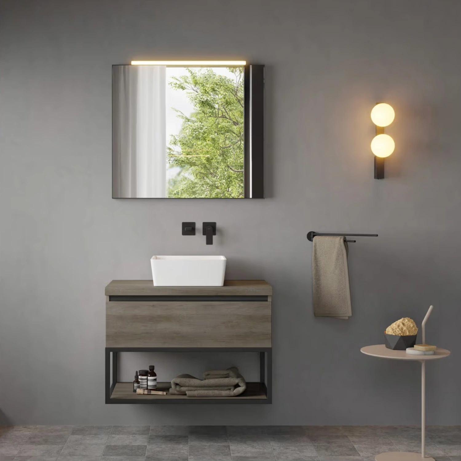 pianura Mia LED-Badspiegel in Schwarz in einem modernen, dunkel gehaltenen Bad