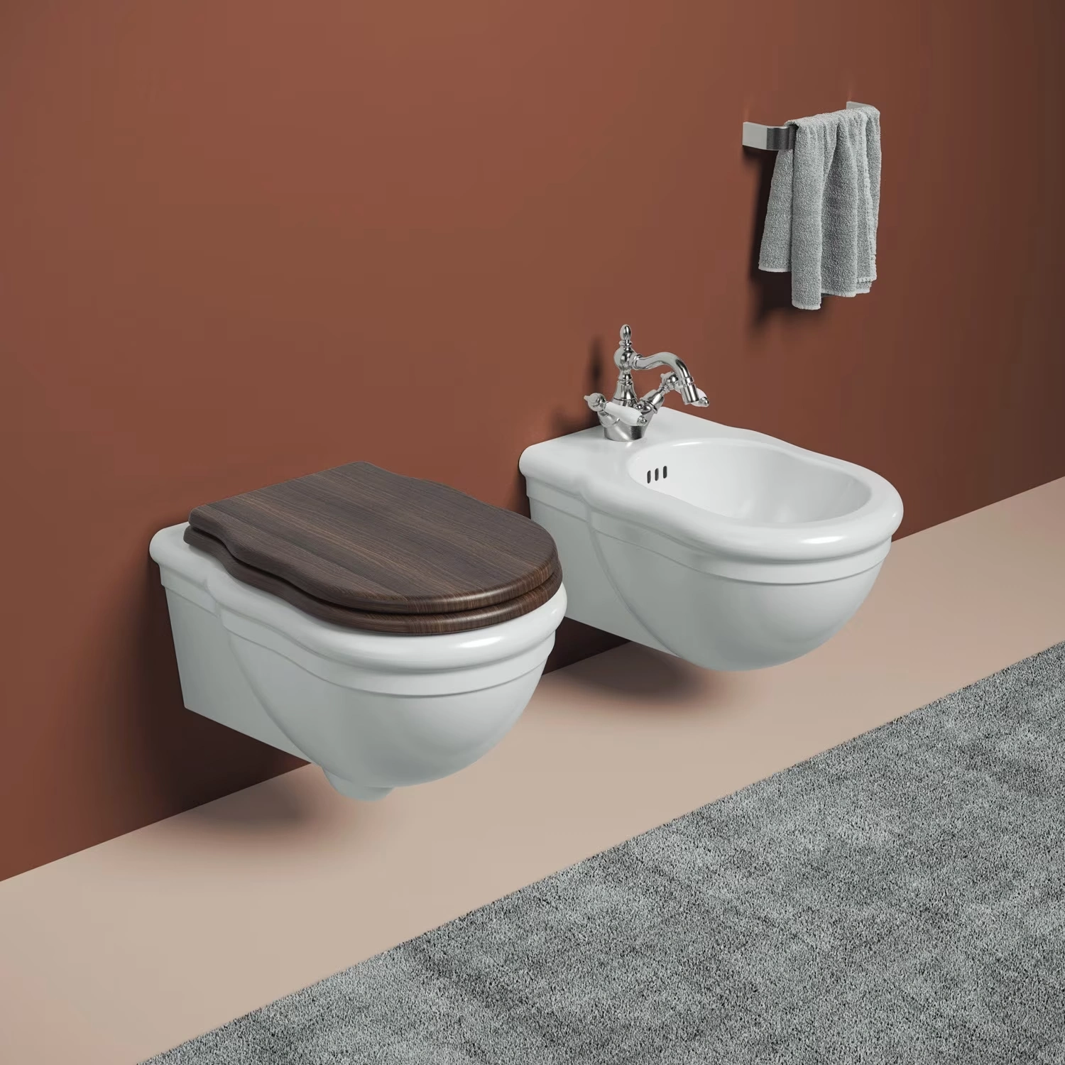 Kronenbach Iota 2.0 Wand-WC Tiefspüler in einem Vintage-Bad mit Terracottawand