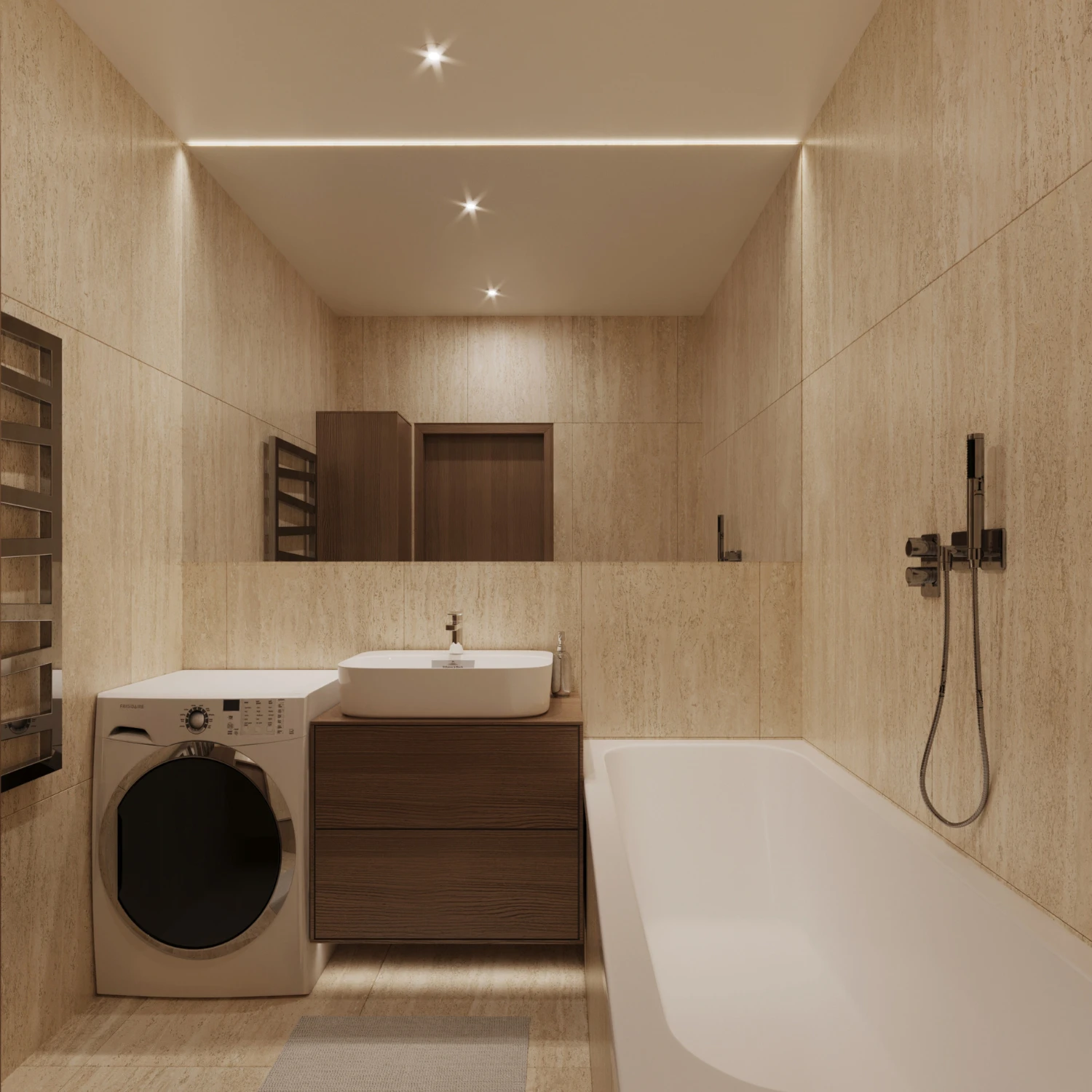 Kleines Bad mit Waschmaschine und Travertin-Wände