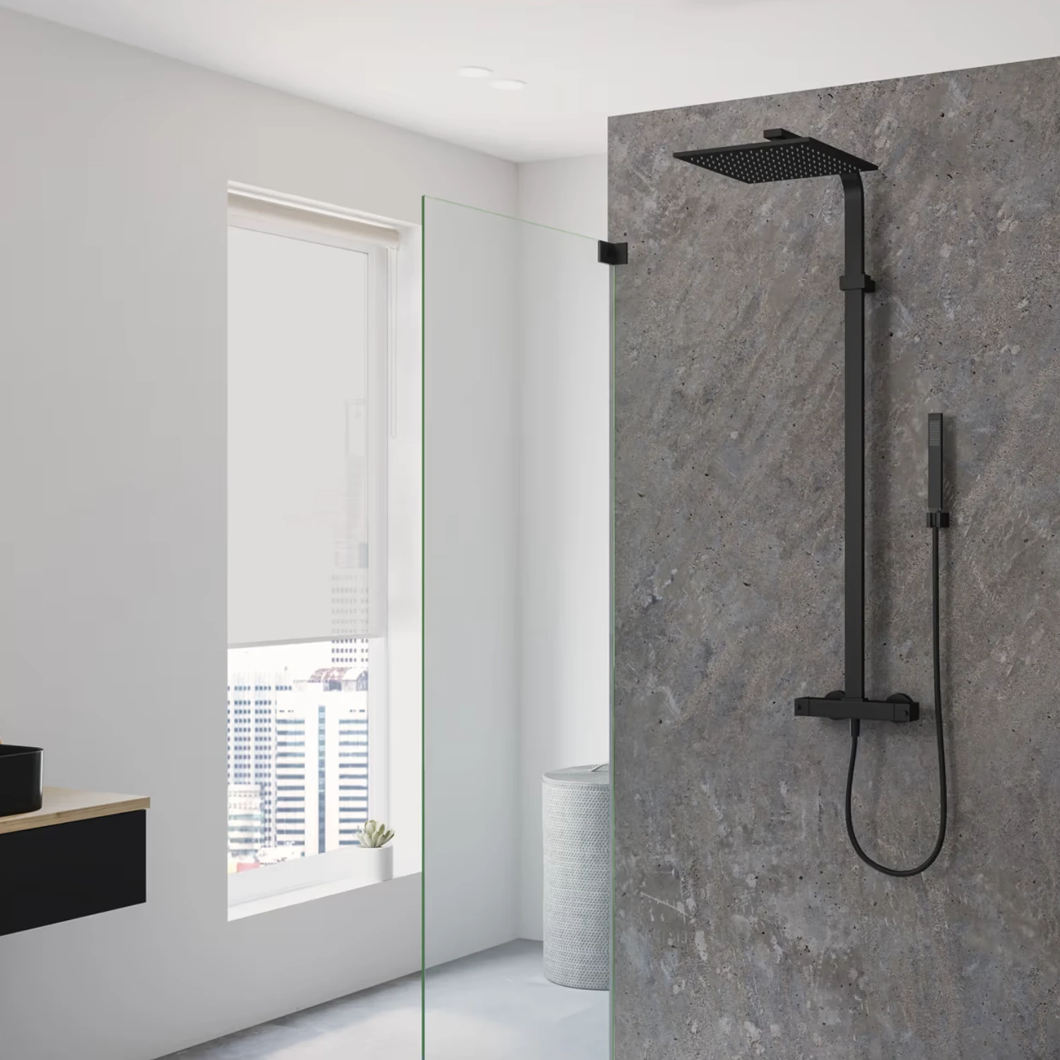 Kronenbach Duschsystem Aufputz mit Thermostat in schwarz matt in einem modernen Bad