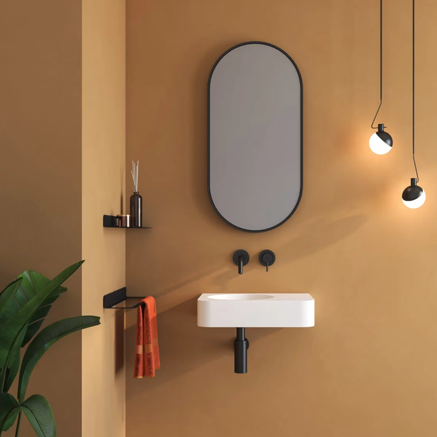 Kronenbach Stone Handwaschbecken mit einer gelben Akzentwand