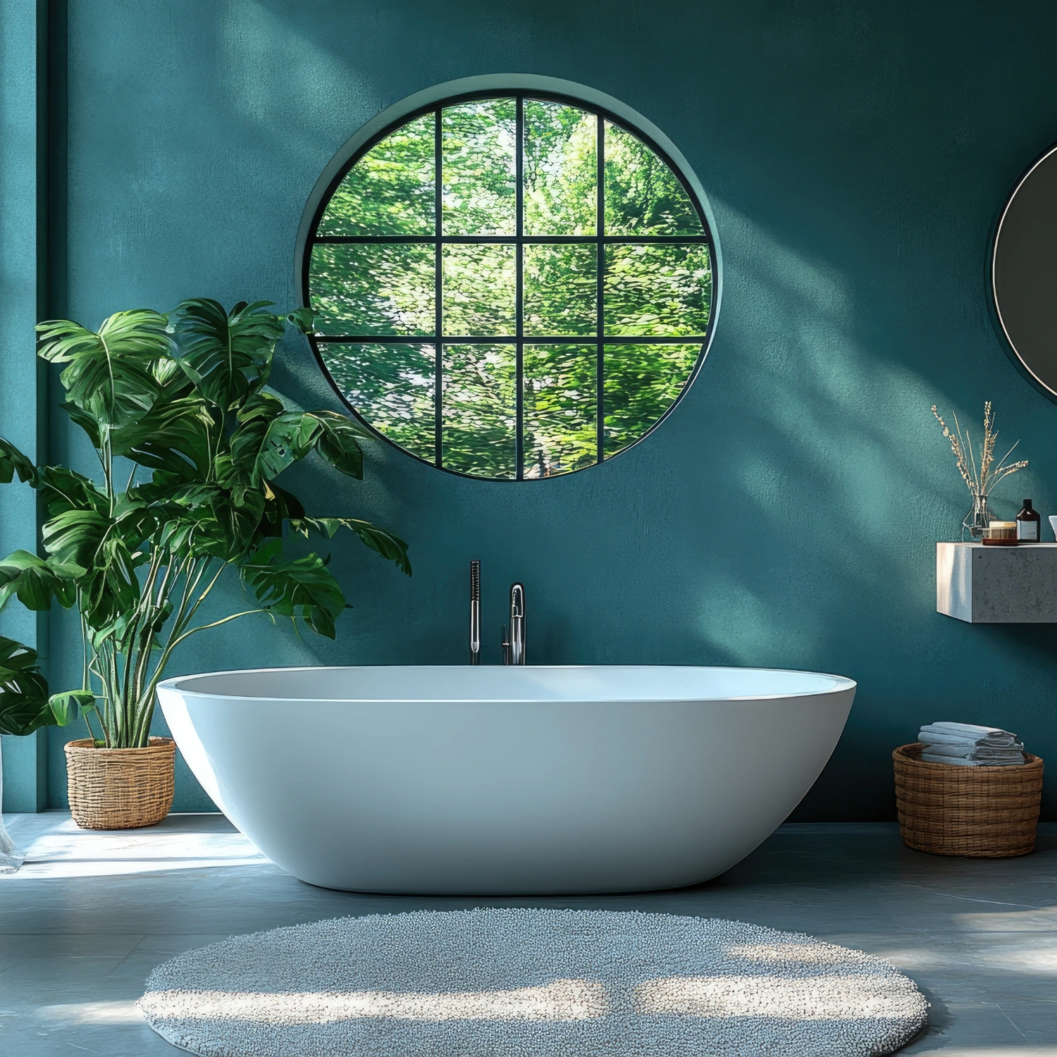 Freistehende Badewanne vor einer blaugrün gestrichenen Wand und Pflanzen, sowie darüber ein rundes Fenster.