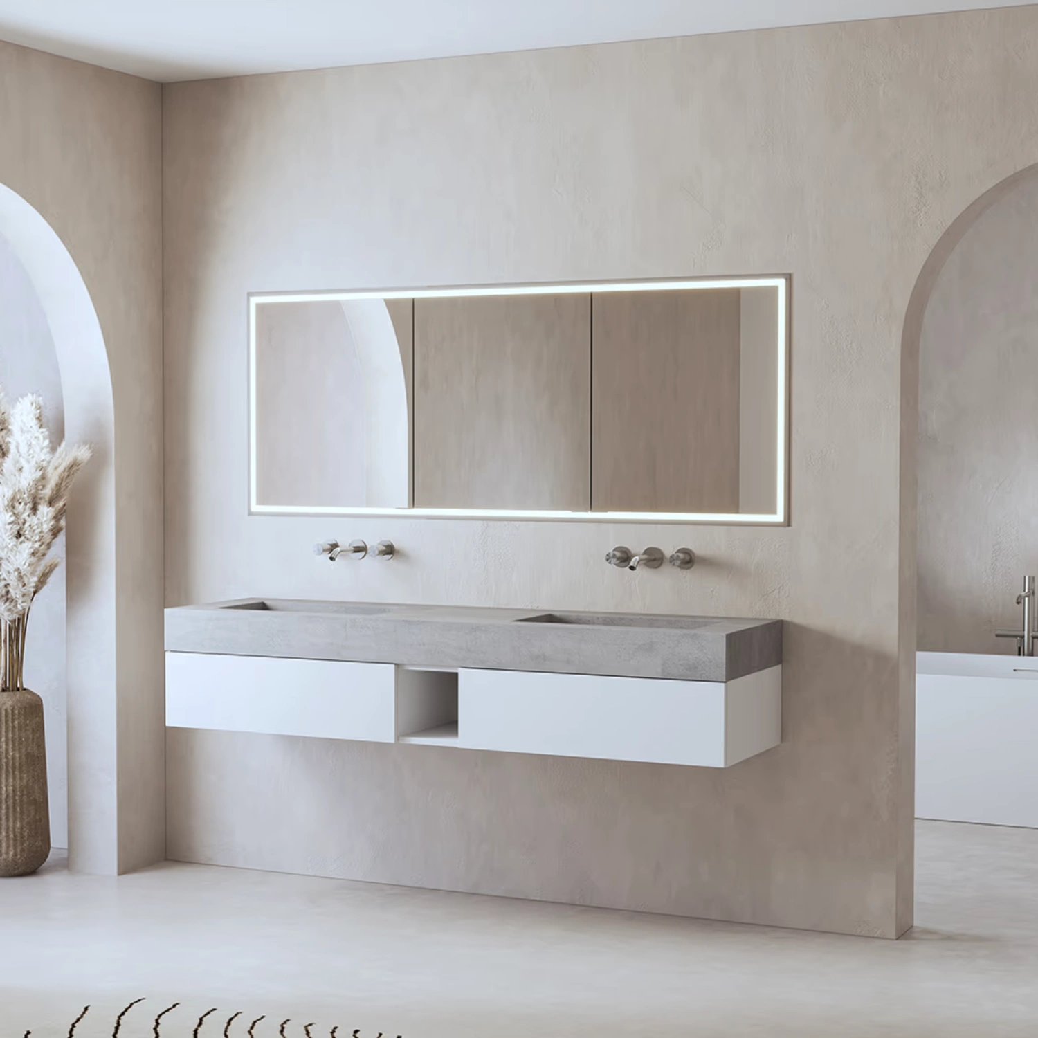 ALLUVION Lapetos Doppel-Waschtisch aus Laminam in einem minimalistischen Badezimmer