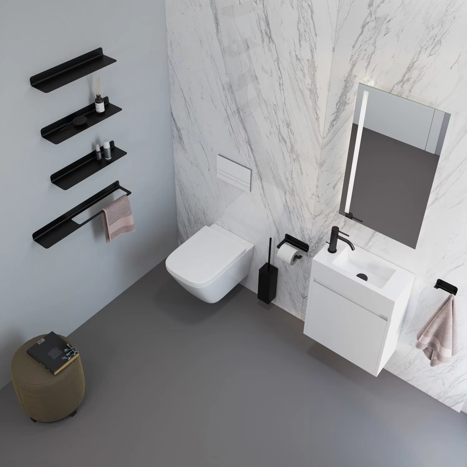 Living Black Ablage in einem modernen Badezimmer