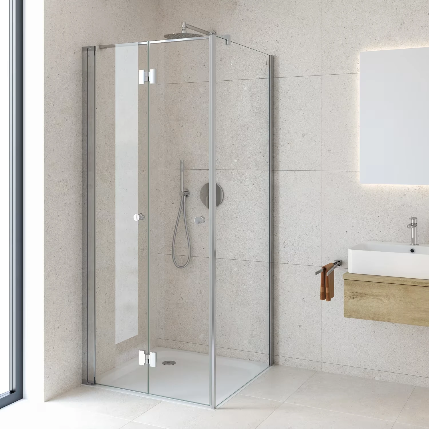 Kronenbach Tube Trennwand für Pendeltür als Ecklösung.