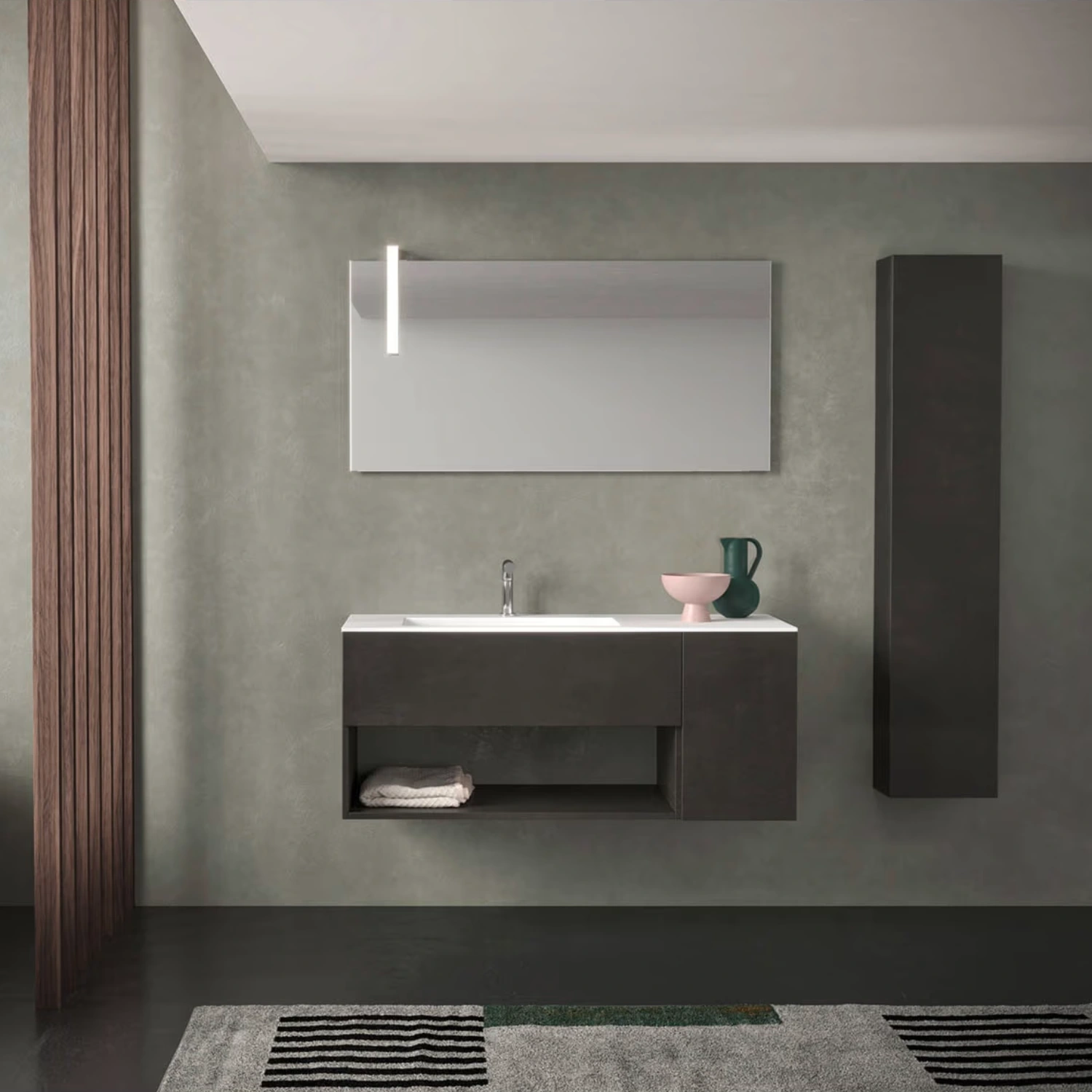 progettobagno Evo 50 Lago Waschtisch mit Unterschrank in einem dunklen Badezimmer.