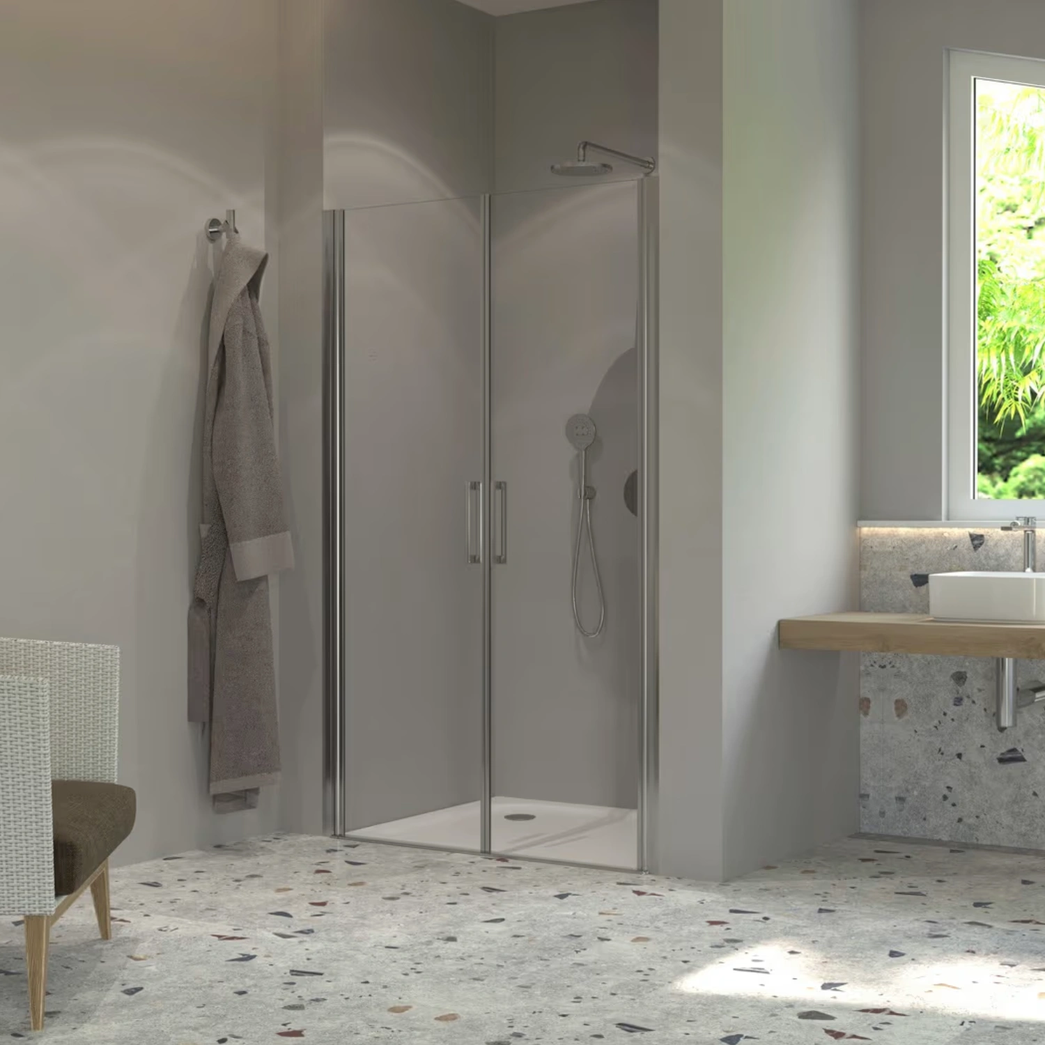 Sturotec Pendeltüren für Nische mit Nano-Beschichtung in einem modernen Bad.