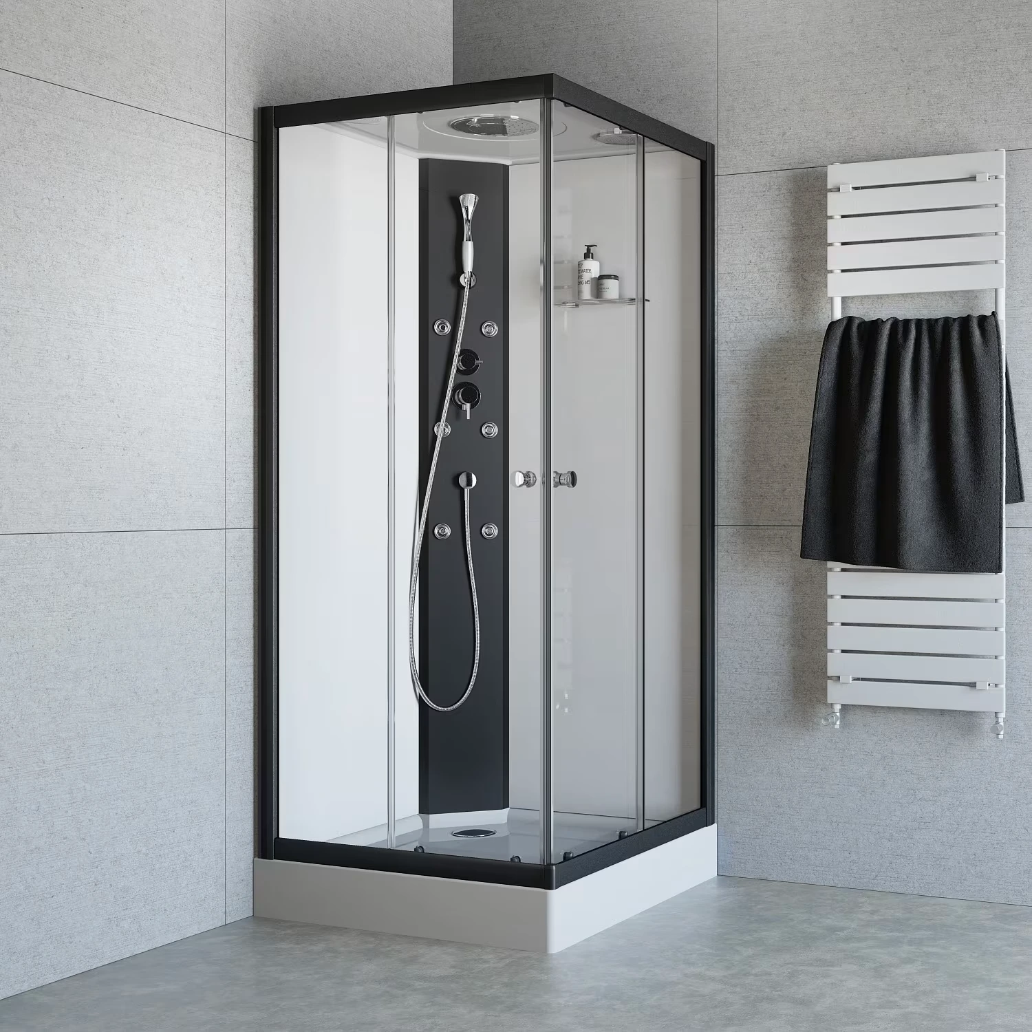 Planplus Home Komplettdusche Eckeinstieg in einem modernen Bad in schwarz-weiß Optik.