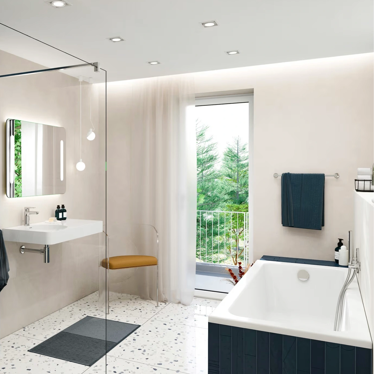 Kronenbach Radia 3.0 in einem hellen Bad mit teils dunkelblauen Akzenten.