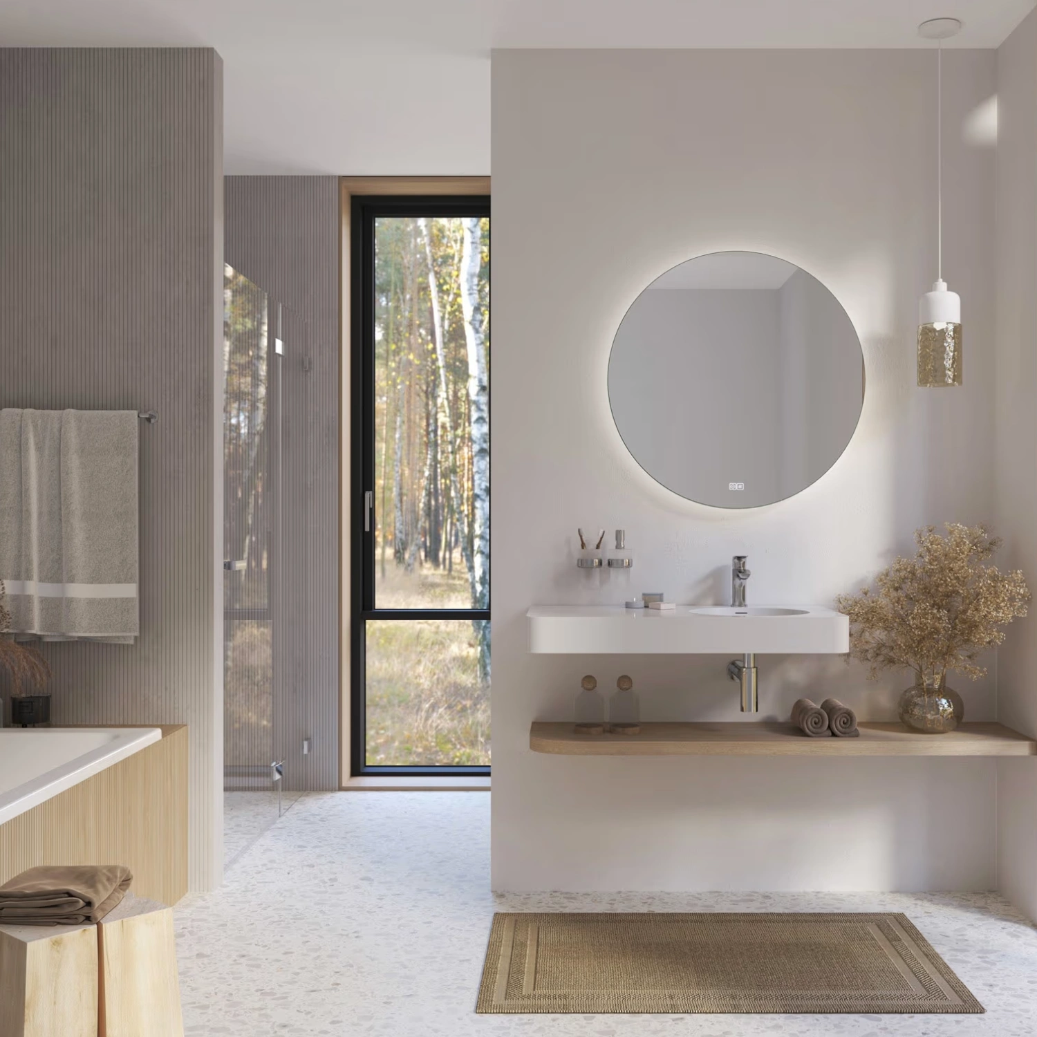 Helles Badezimmer in Weiß und Beige.