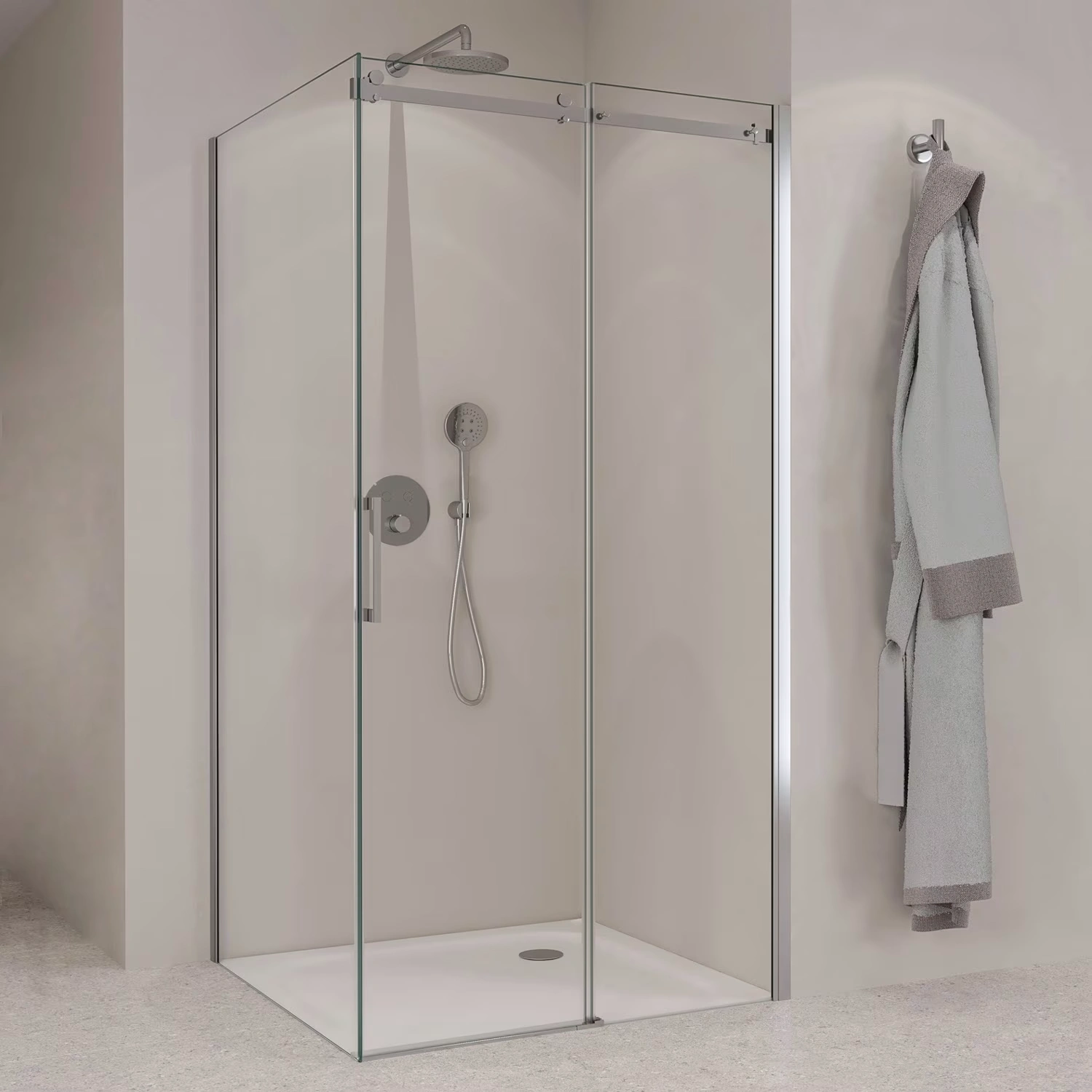 Sturotec 3070 Schiebetür zur Kombination mit Seitenwand mit Nano-Beschichtung in einem modernen beigen Bad.