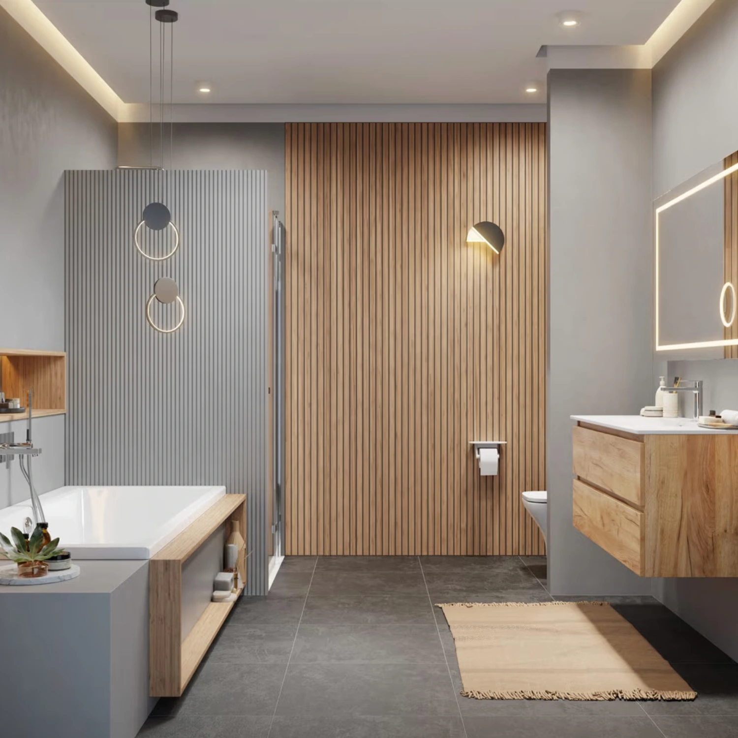 pianura Giulia Waschtisch-Einhebelmischer in einem grauen, modernen Badezimmer mit gelben Akzenten. Eine Mischung aus Steinboden und Paneelwand aus Holz.