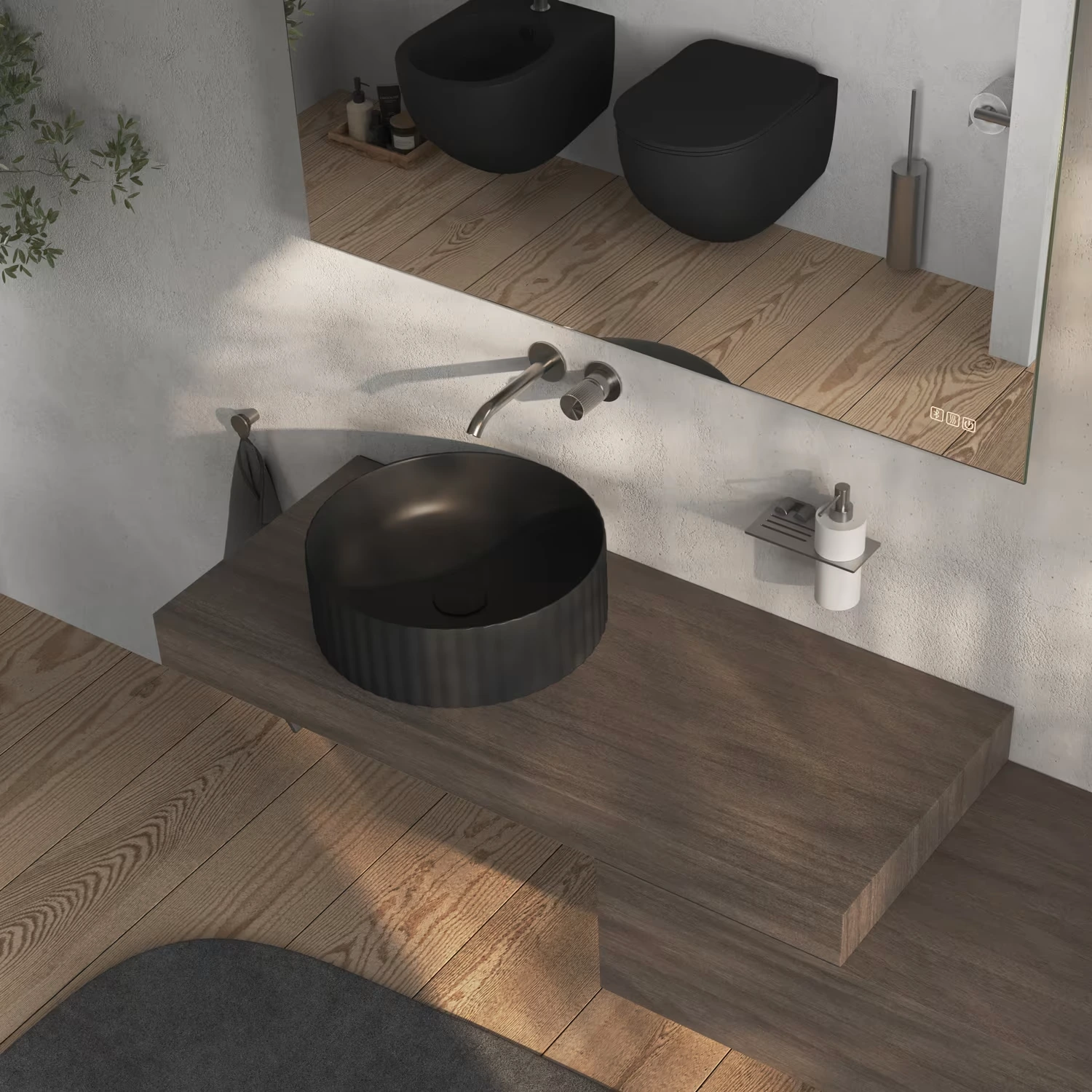ALLUVION Apollo Aufsatzwaschtisch in schwarz matt in einem stilvollen Bad.