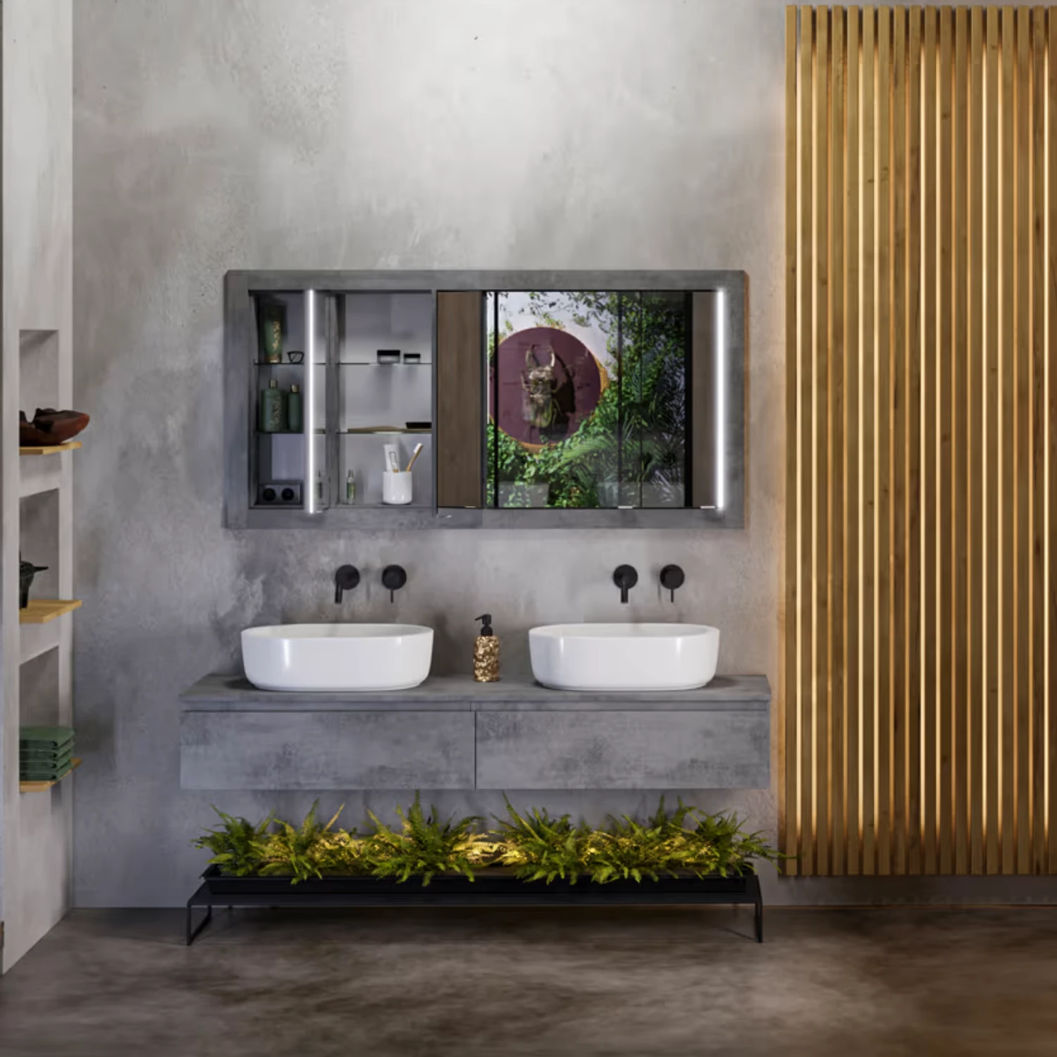 Luxuriöses Badezimmer gestaltet aus der Kombination von Holz und Stein.