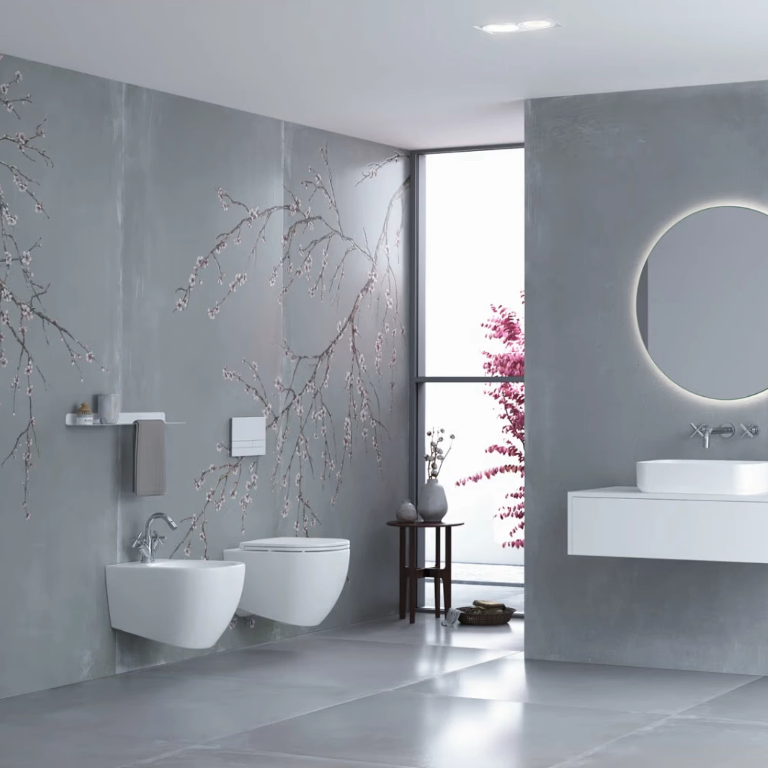 Modernes Bad in Grautönen und einem japanischen Wanddesign.