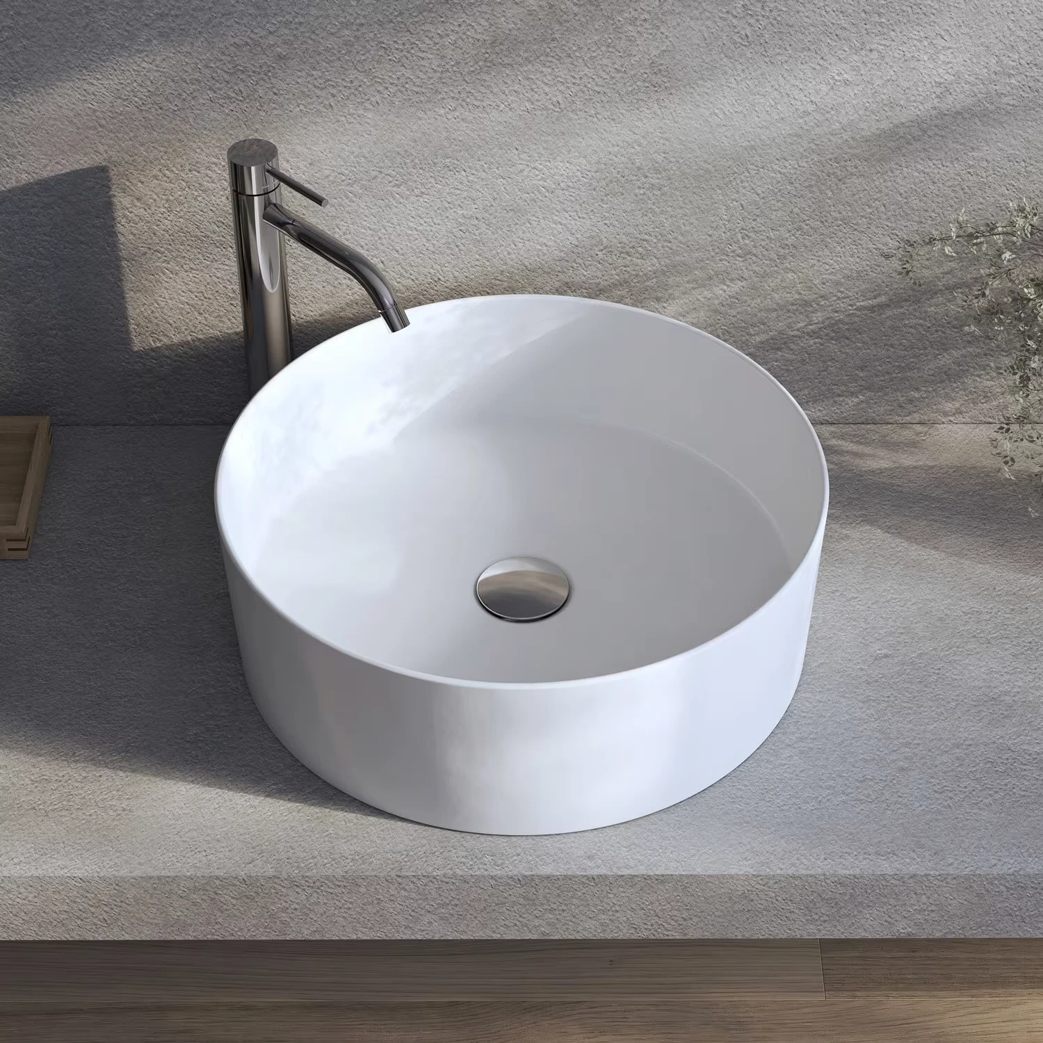 Kronenbach Tube Aufsatzwaschtisch in weiß in einem minimalistischen Badezimmer.