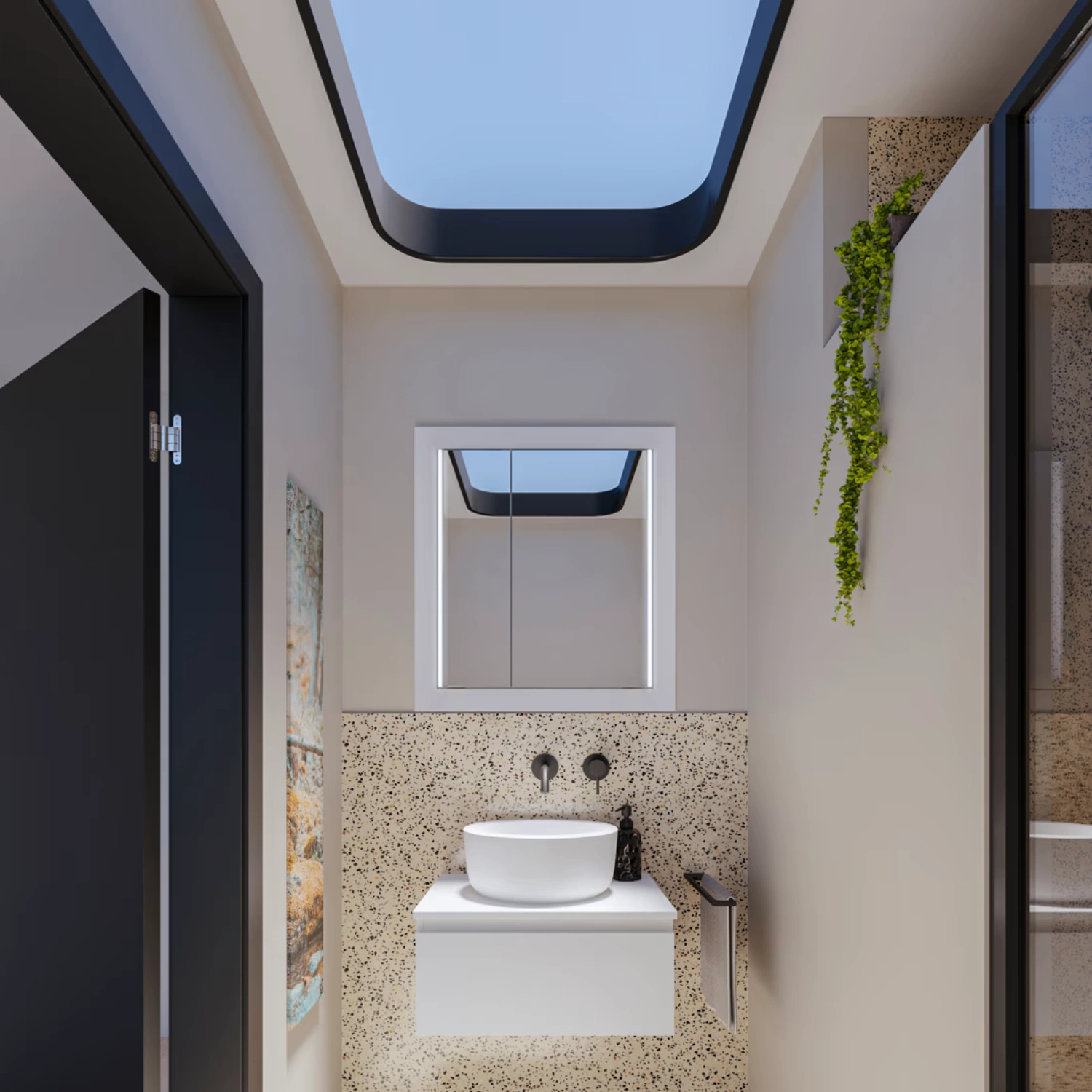 Steinkamp Value Einbauspiegelschrank in einem kleinen Badezimmer mit einem Fenster an der Decke.