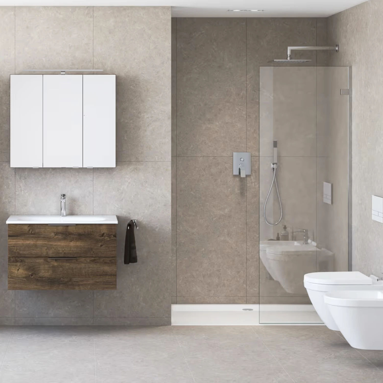 Steinkamp Value Unterputz-Brausekomplett-Set in einem modernen Badezimmer aus Holz und Stein.