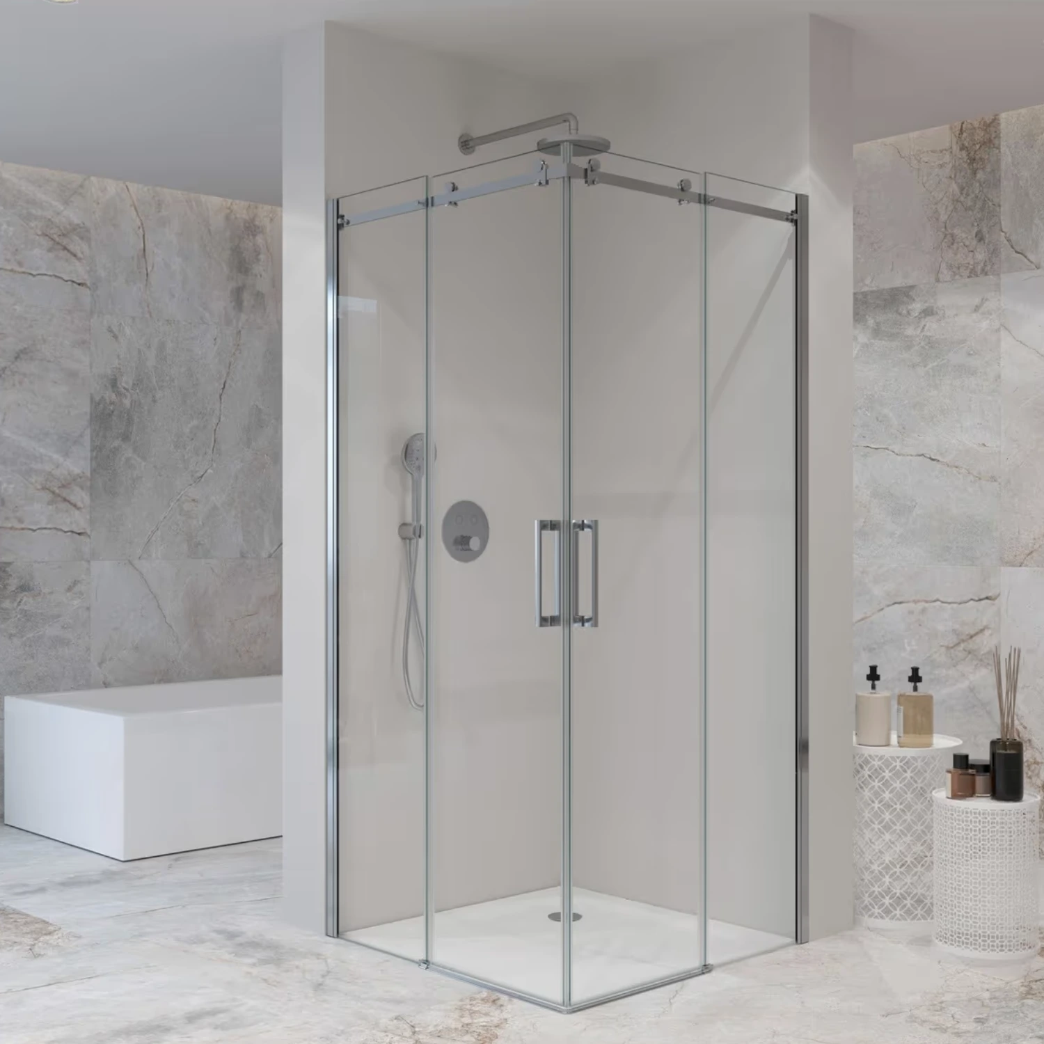 Sturotec Duschkabine in einem luxuriösen Badezimmer in Steinoptik.