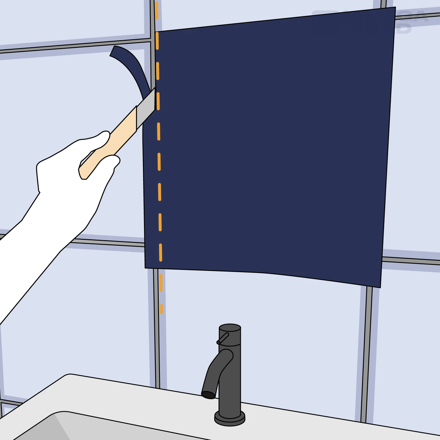 Zuschneiden der Fliesenfolie auf die benötigte Größe.