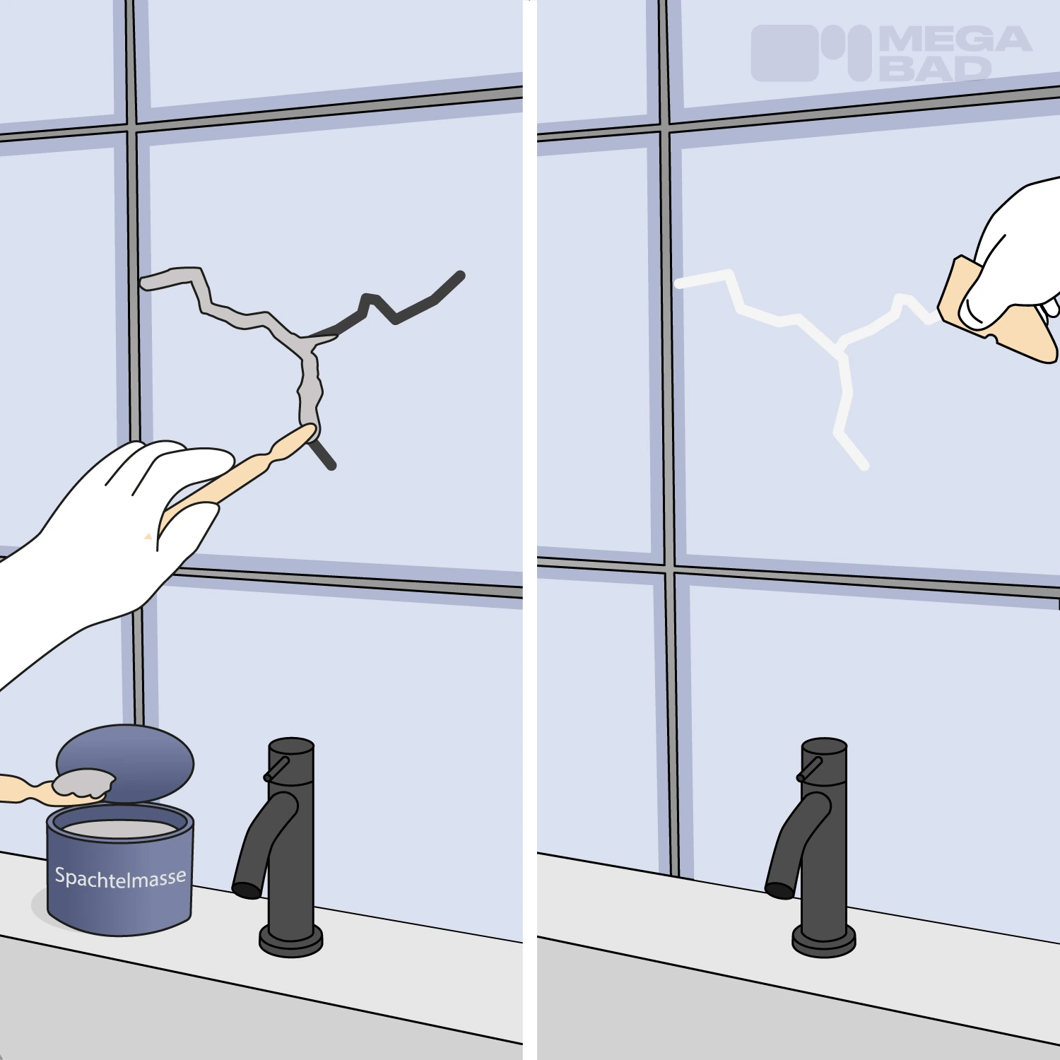 Alte Risse werden mit Hilfe von Spachtelmasse ausgebessert