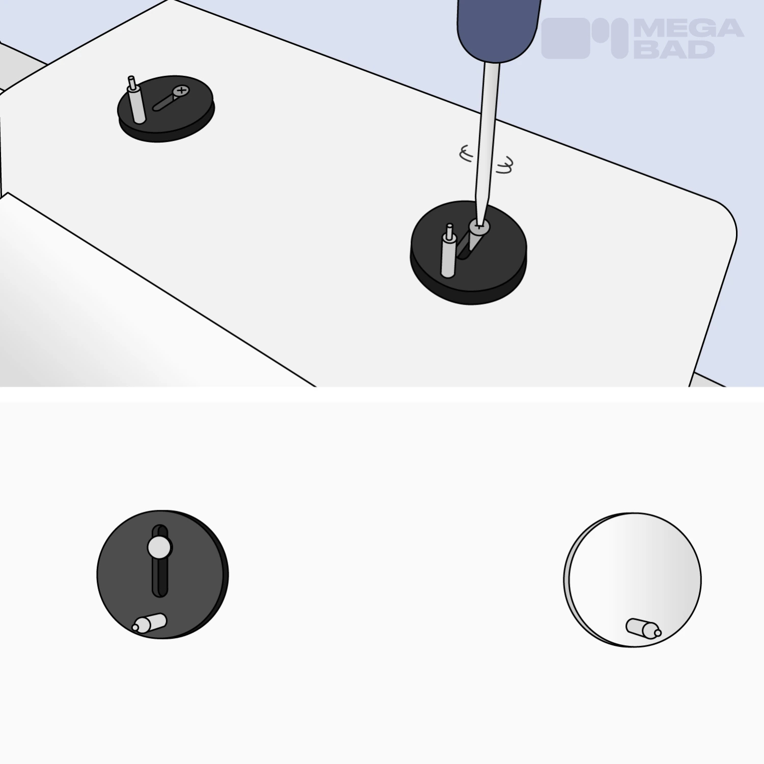 Wenn die Position richtig gewählt wurde, WC-Sitz wieder abnehmen und Schrauben komplett fest anziehen, im Anschluss WC-Sitz endgültig einrasten und Schutzkappen aufsetzen.