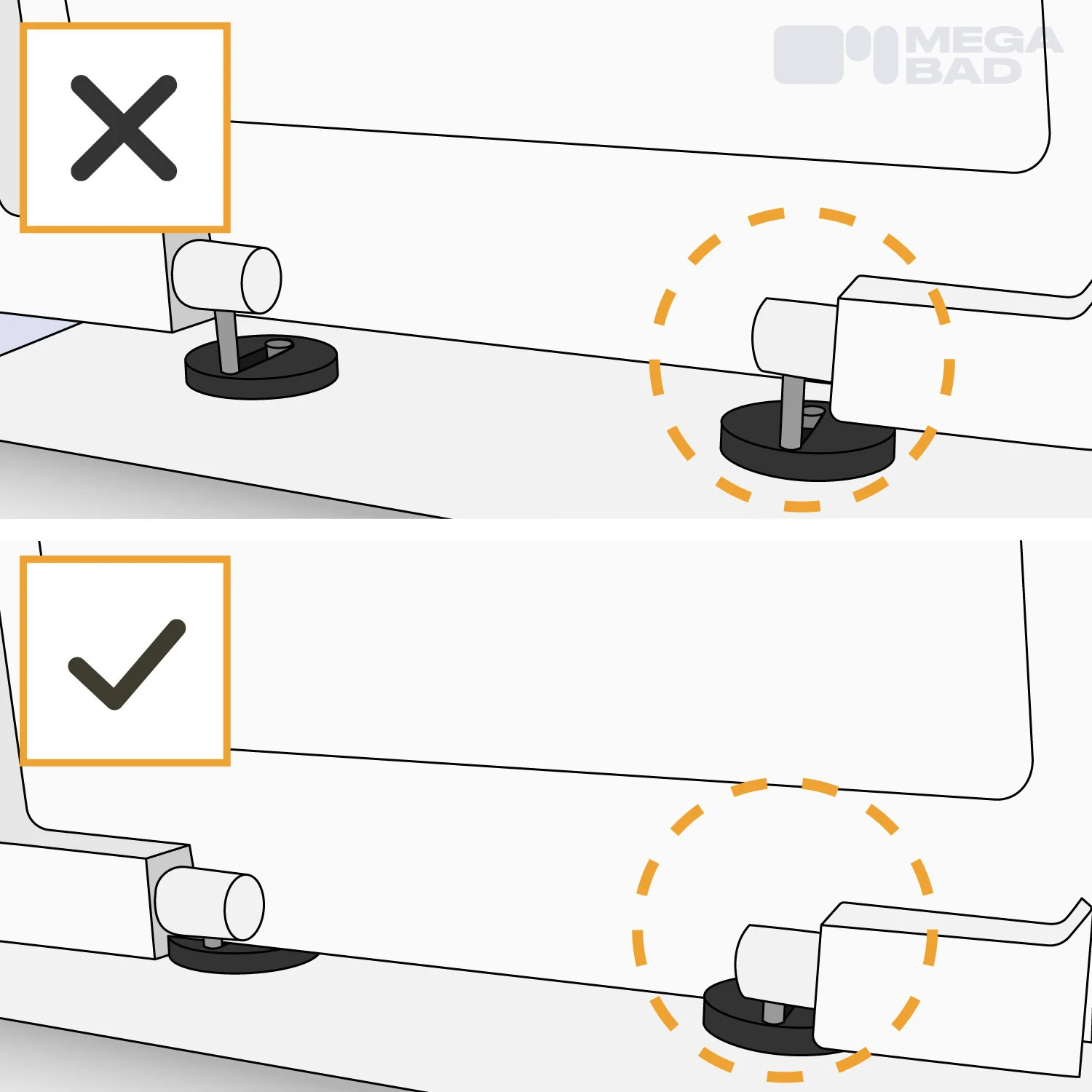 Zur korrekten Anbringung muss der WC Sitz vollständig eingerastet werden.