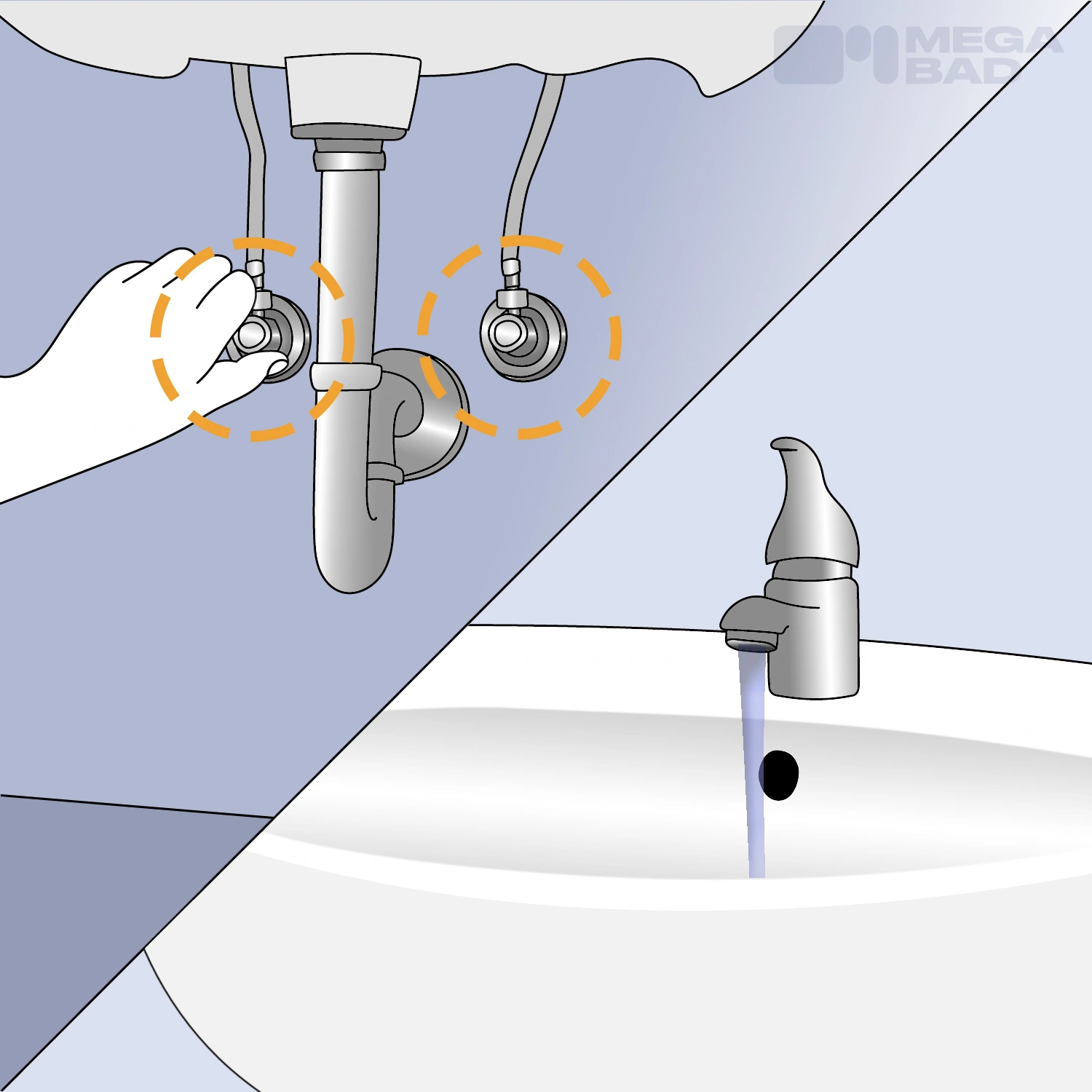 Eckventile werden geschlossen, der Wasserhahn wird geöffnet und Leitungen werden entleert.