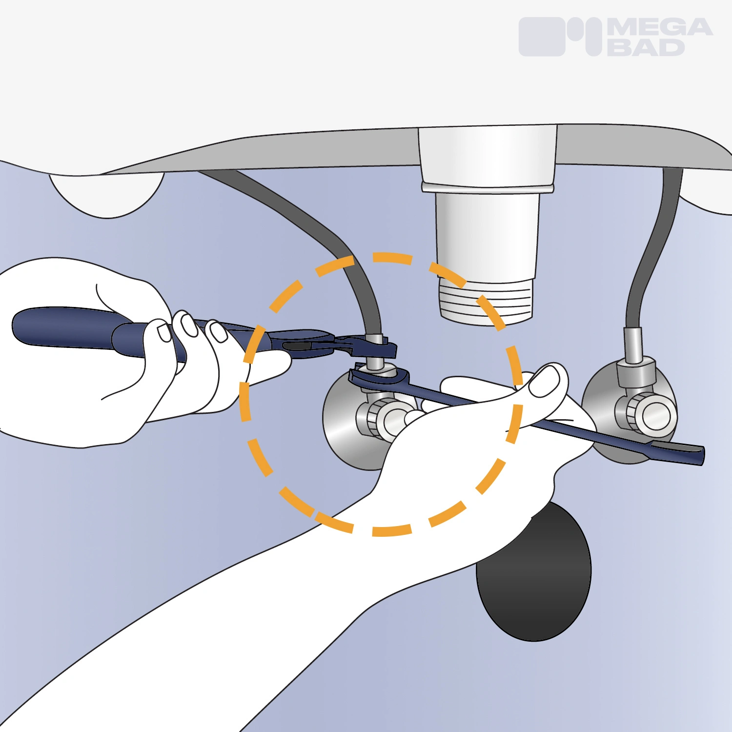 Die Schläuche werden an den Ventilen angeschlossen.