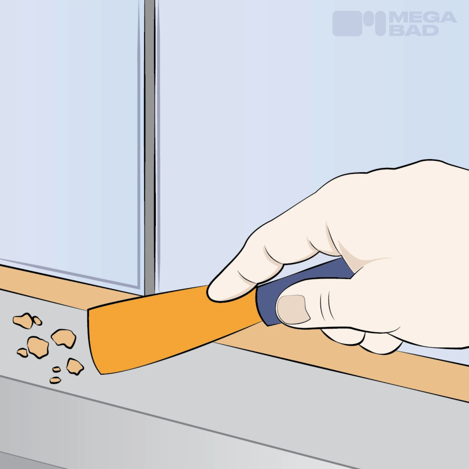 Das aufgeweichte Silikon wird nun mit einem Spachtel entfernt.