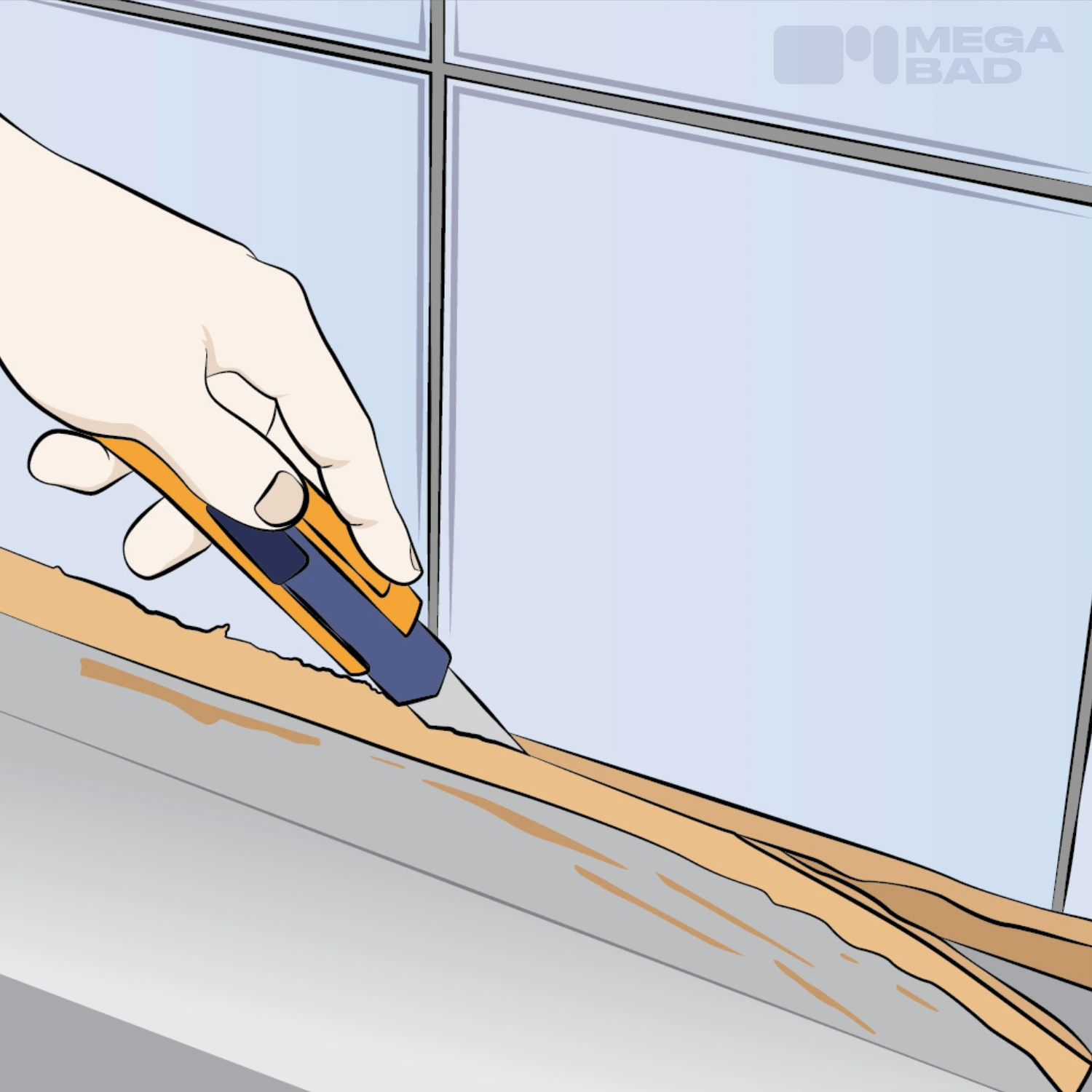 Entlang der Fuge wird das Silikon mittels eines Cuttermessers eingeschnitten, um es so sauber zu lösen.