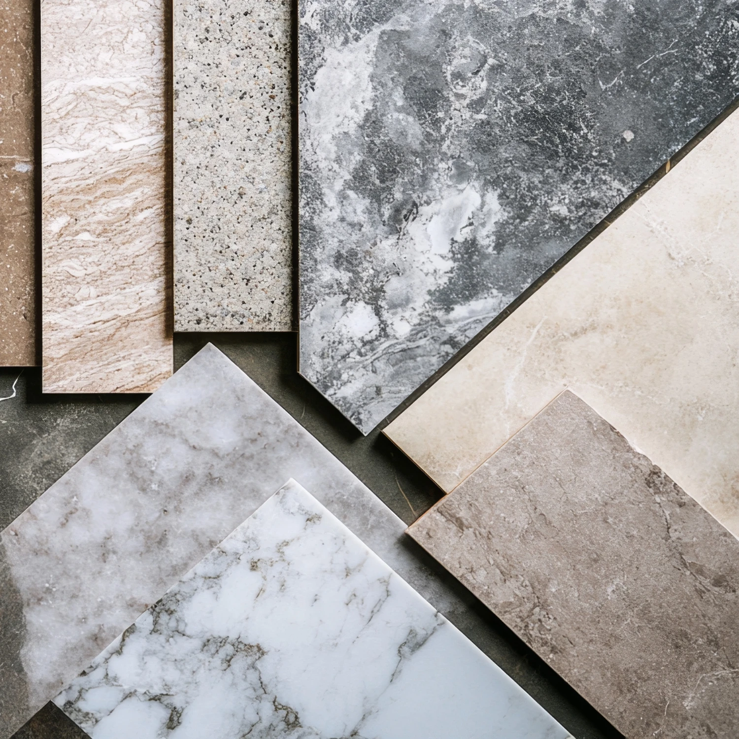 Dekorative Überlappung einer Auswahl an verschiedenen Natursteinen in unterschiedlichen Farben und Strukturen.