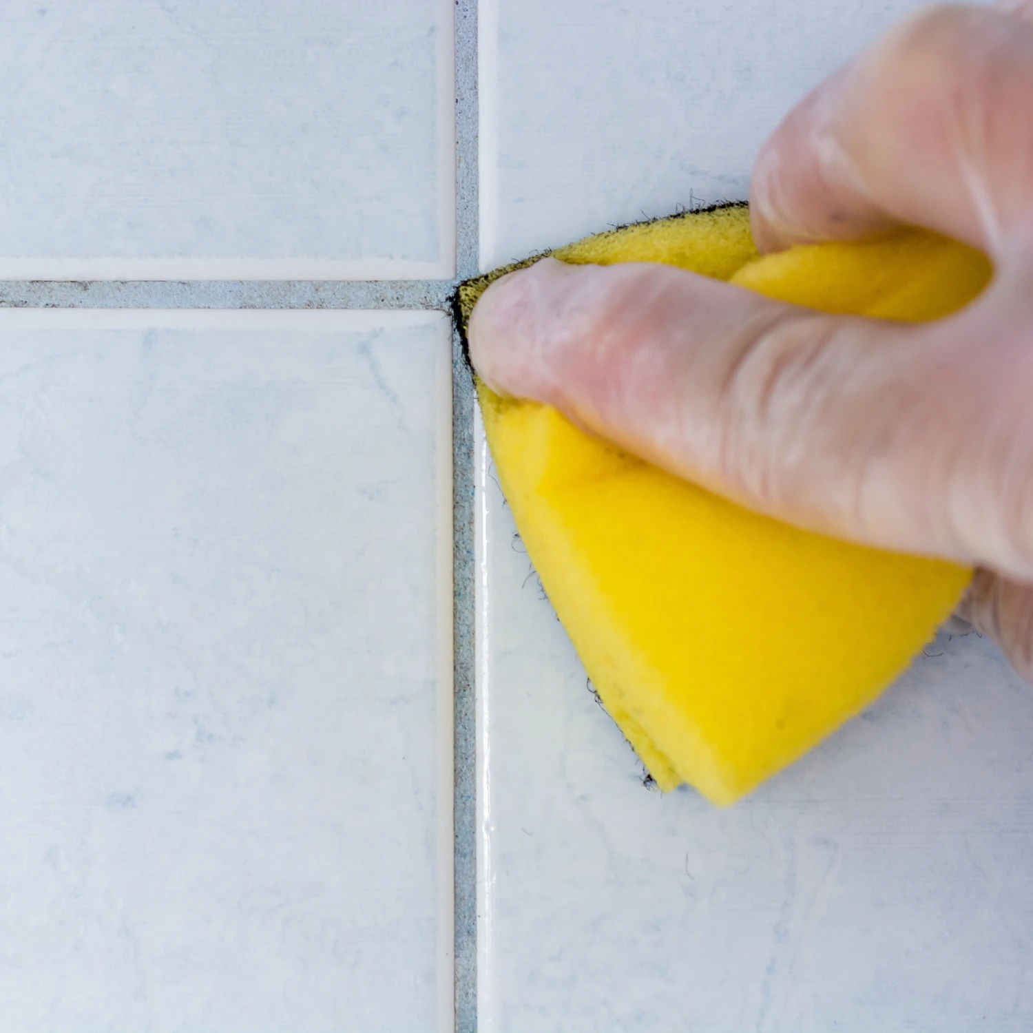 Reinigung von verschimmelten und verdreckten Steinfugen im Bad mit einem gelben Schwamm.