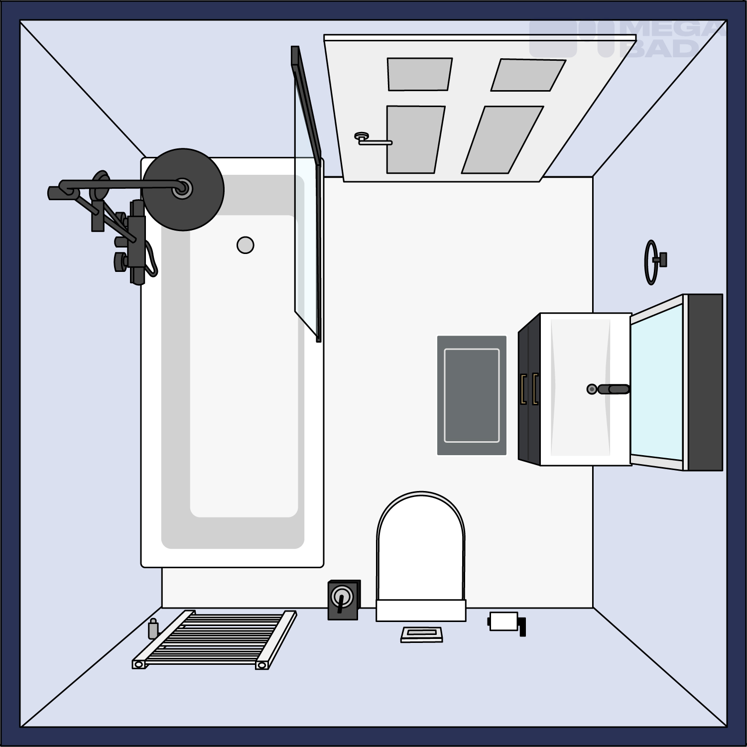 Grundriss eines 4 qm kleinen Badezimmers mit einer Badewanne und Dusche.