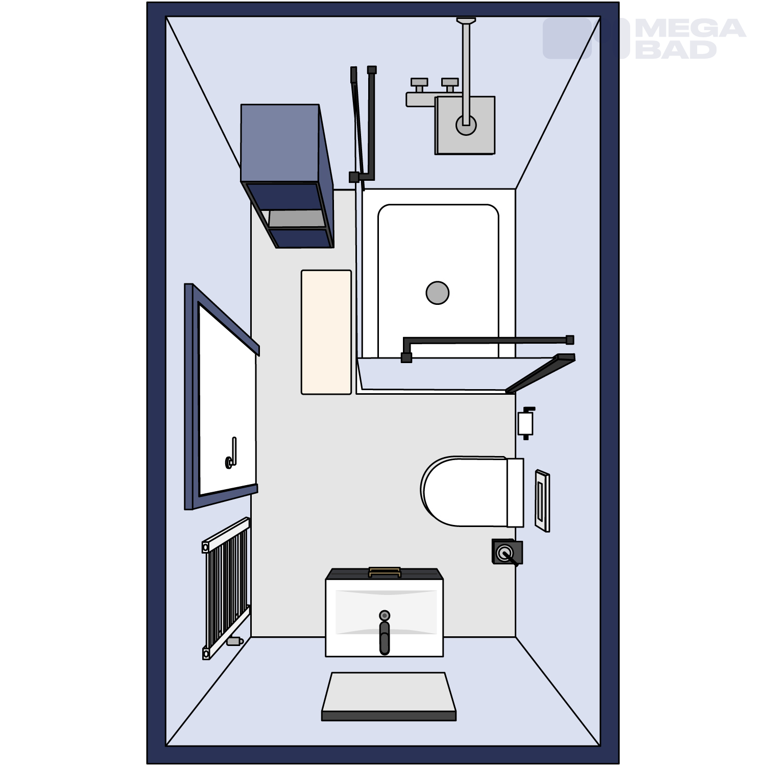 Grundriss eines 4 qm kleinen Badezimmers mit einer Dusche.