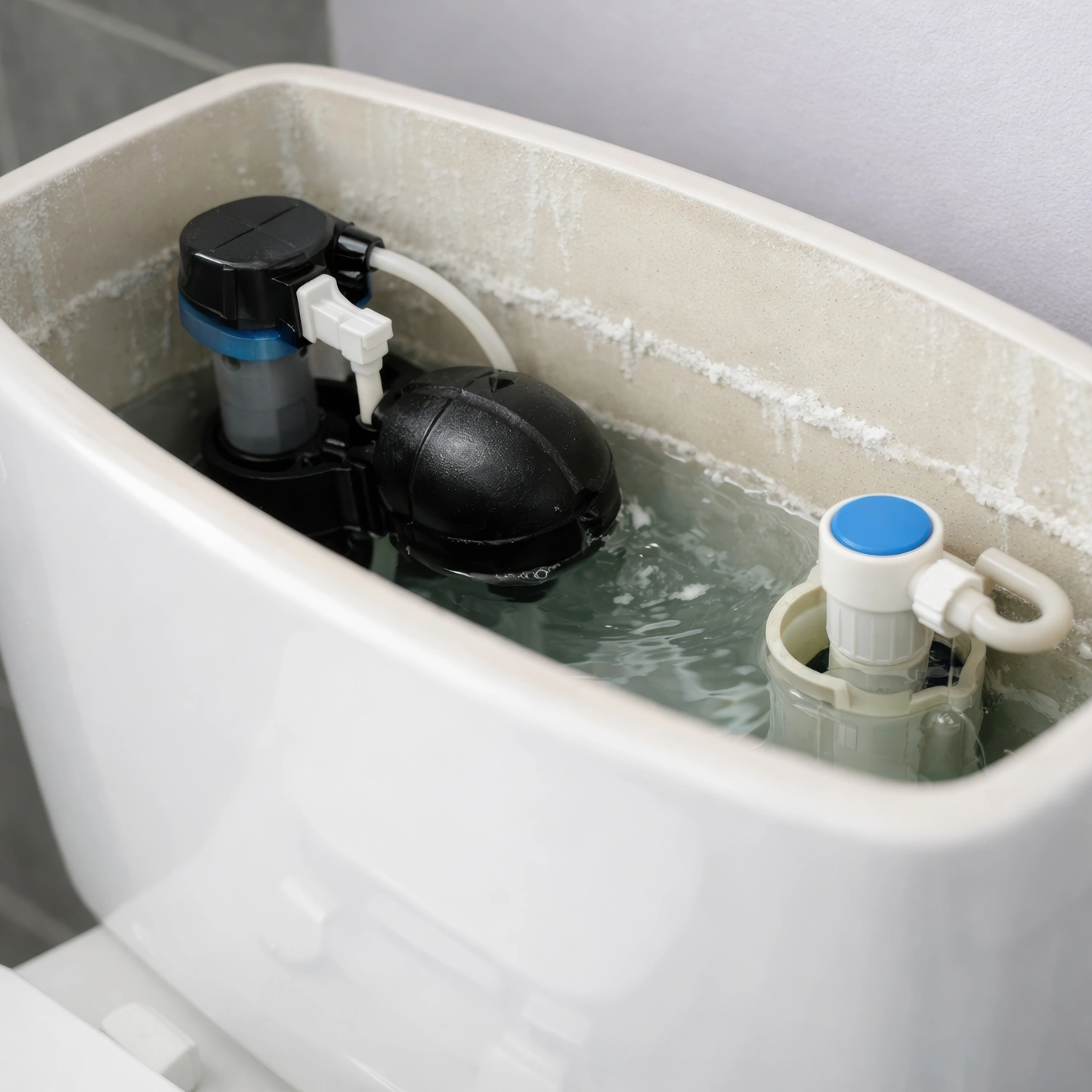 Verkalkter, offener Spülkasten im Badezimmer.