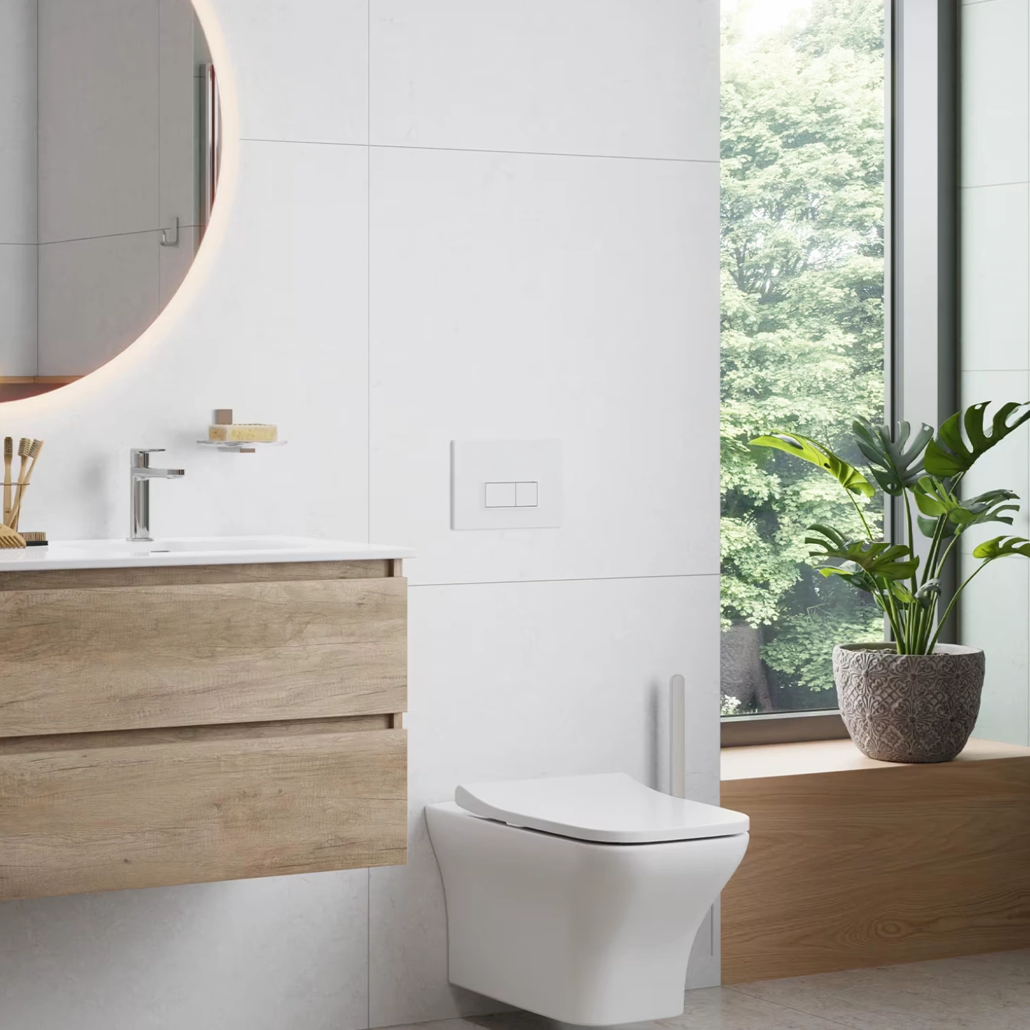 pianura EASYPro Betätigungsplatte Duo R in weiß hochglanz in einem minimalistischen Badezimmer.