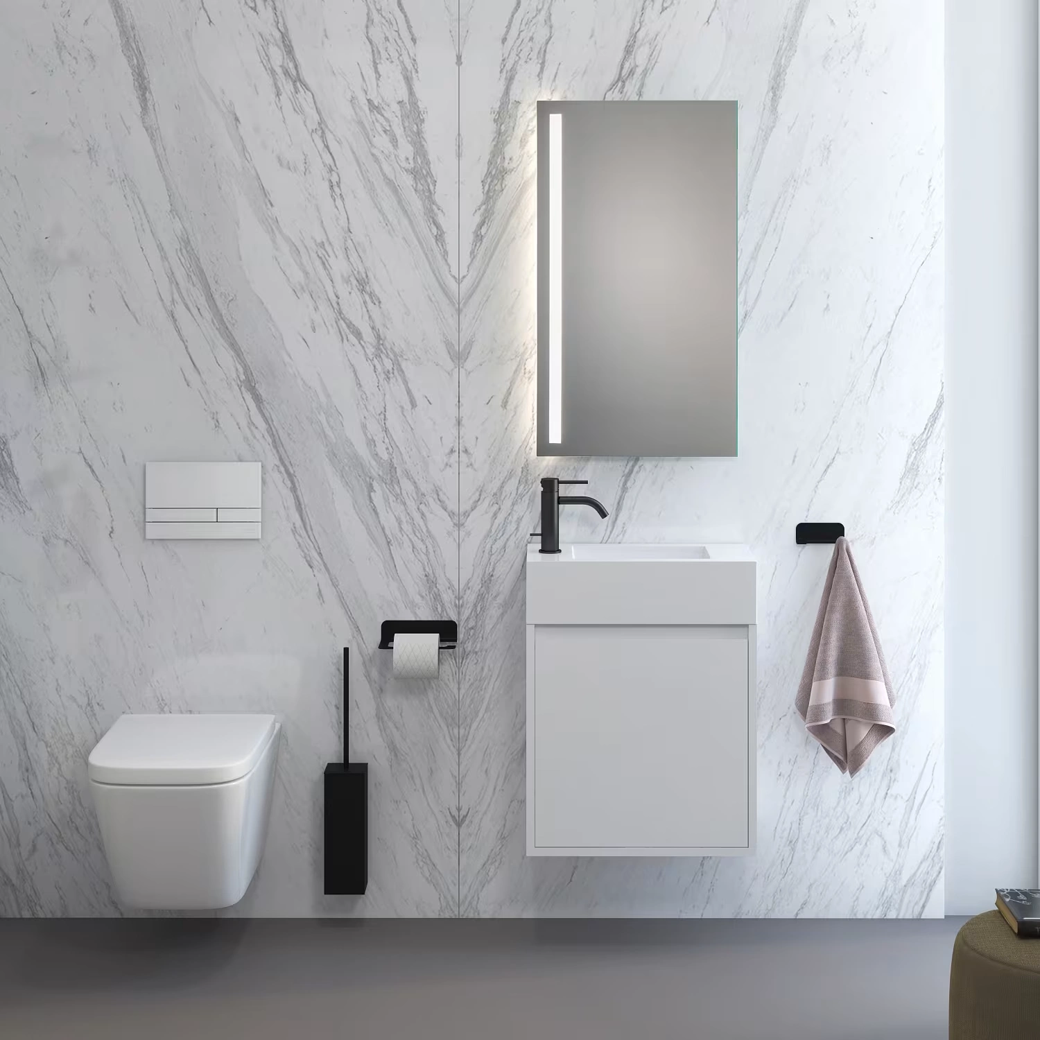 Kronenbach Plantec 2.0 Cube Betätigungsplatte in einem eleganten Marmorbad.