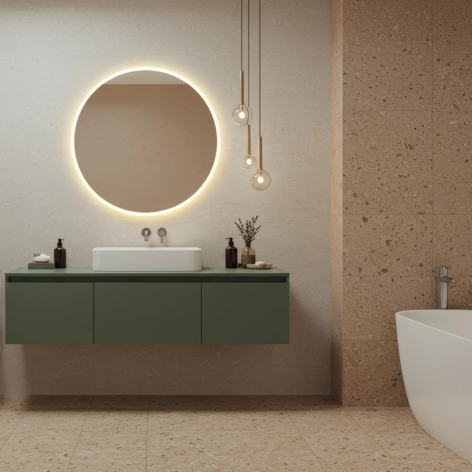 Ein modernes, warmes Bad im mediterranen Stil und sandigem Terrazzoboden und -wänden.