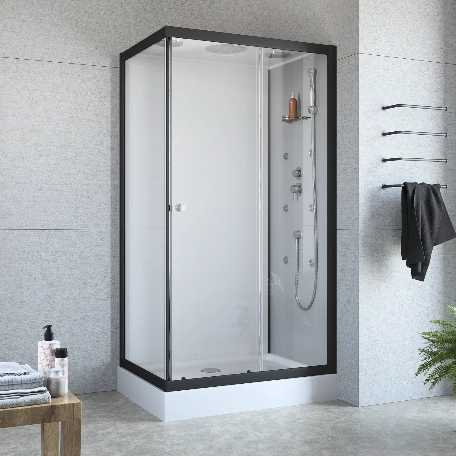 Planplus Home Komplettdusche mit Fronteinstieg in einem klassischen, zeitlosen Badezimmer.