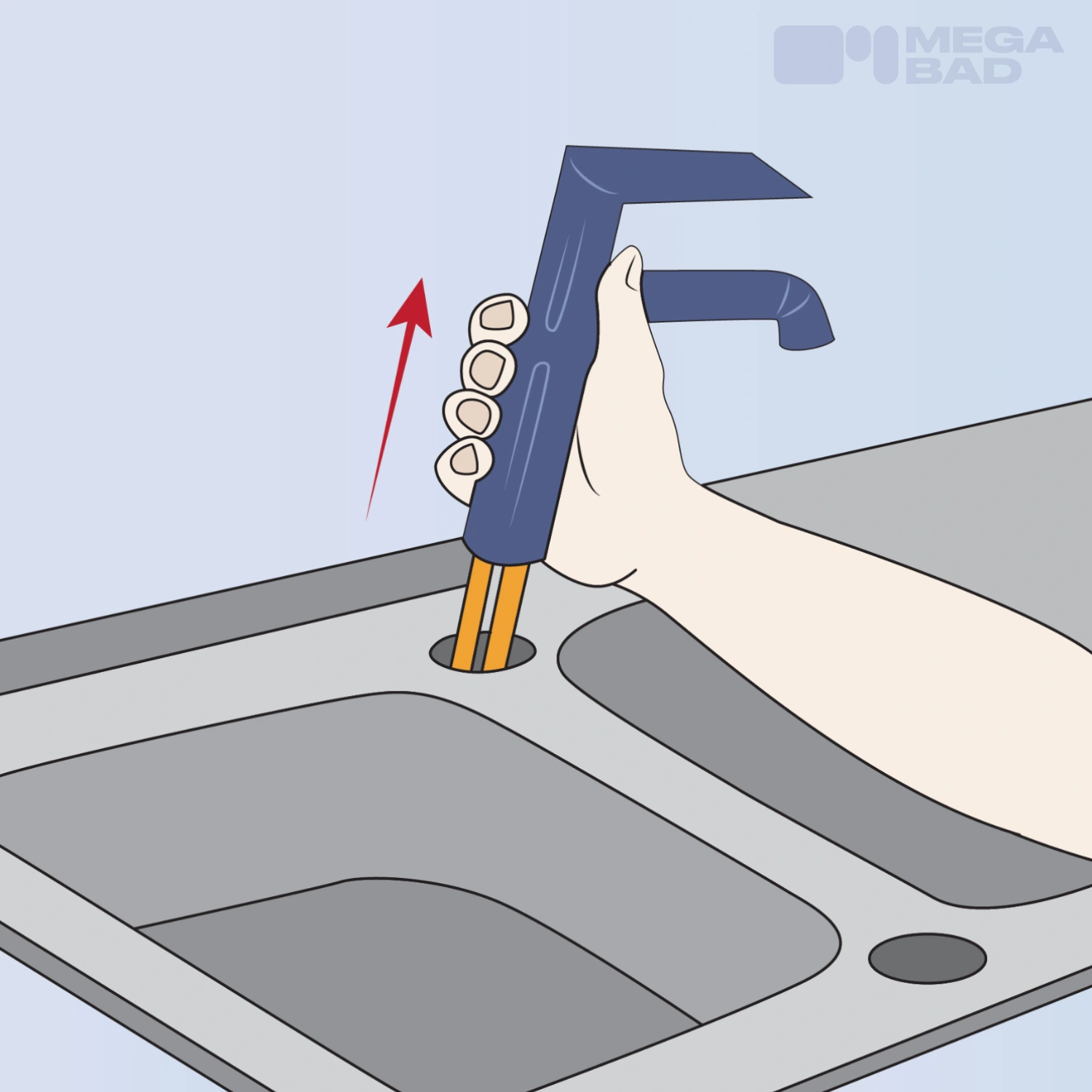 Im Anschluss wird der alte Wasserhahn in der Küche aus der Spüle herausgezogen.