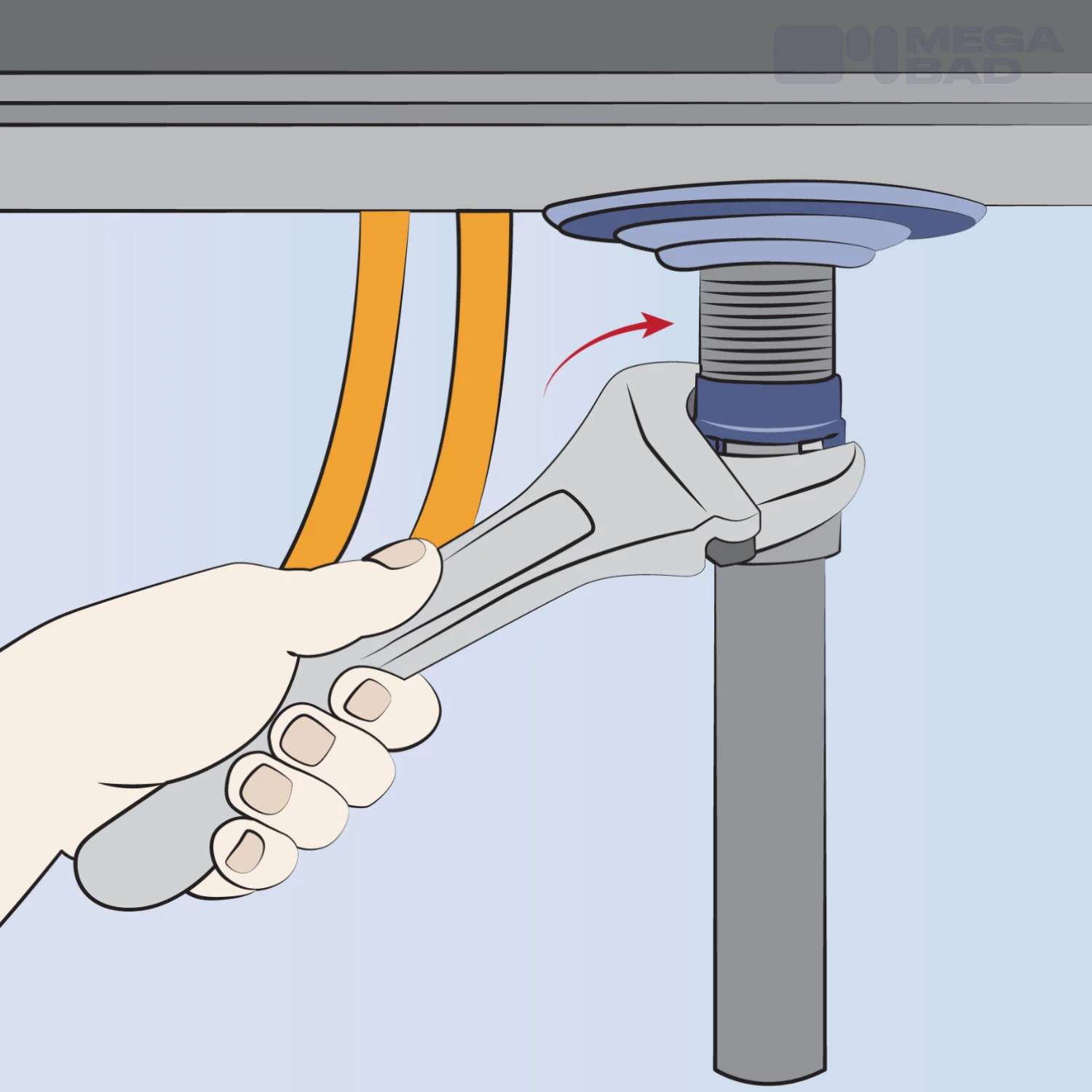 Die Überwurfmutter unter der Spüle werden mittels einer Rohrzange gelöst.